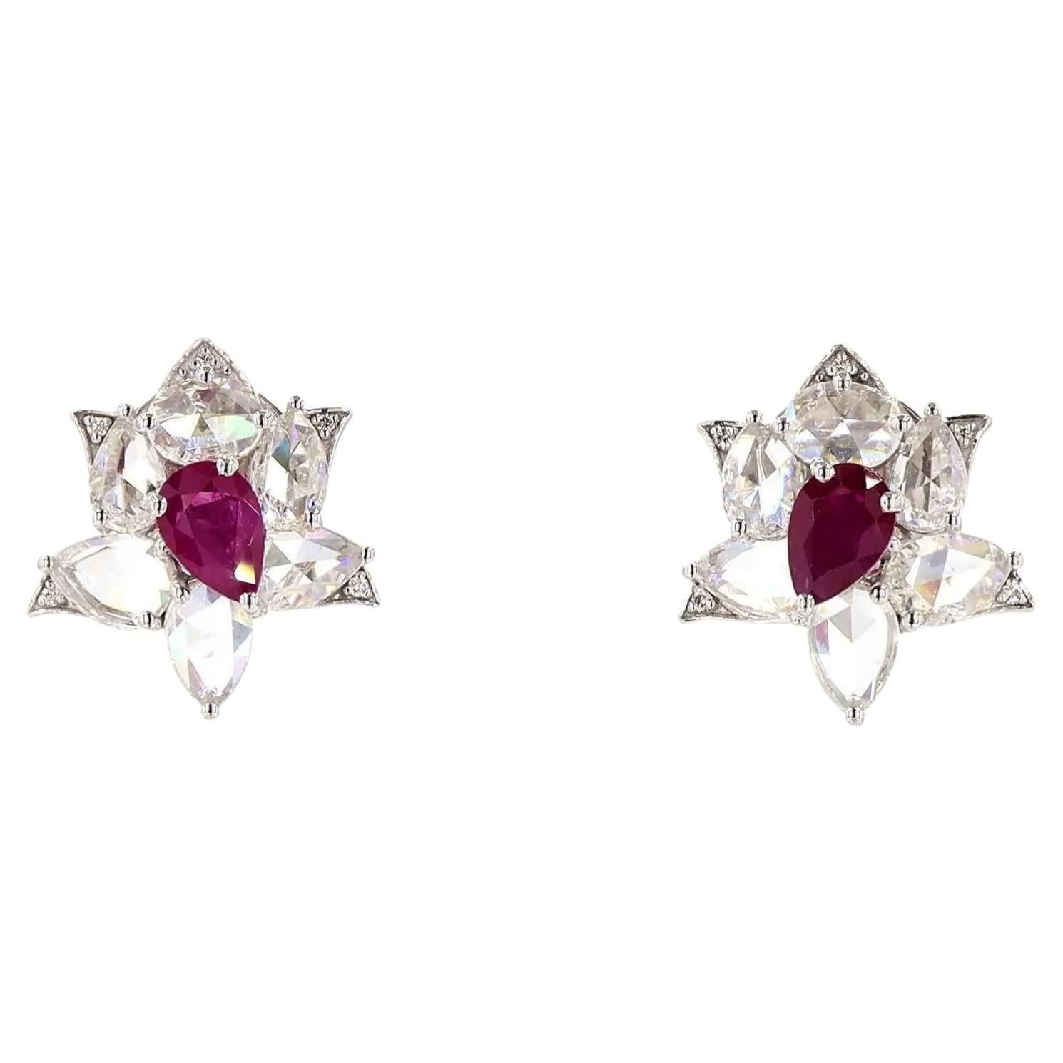 1.78 Carat Pear Shape Diamond Ruby Gold Earrings