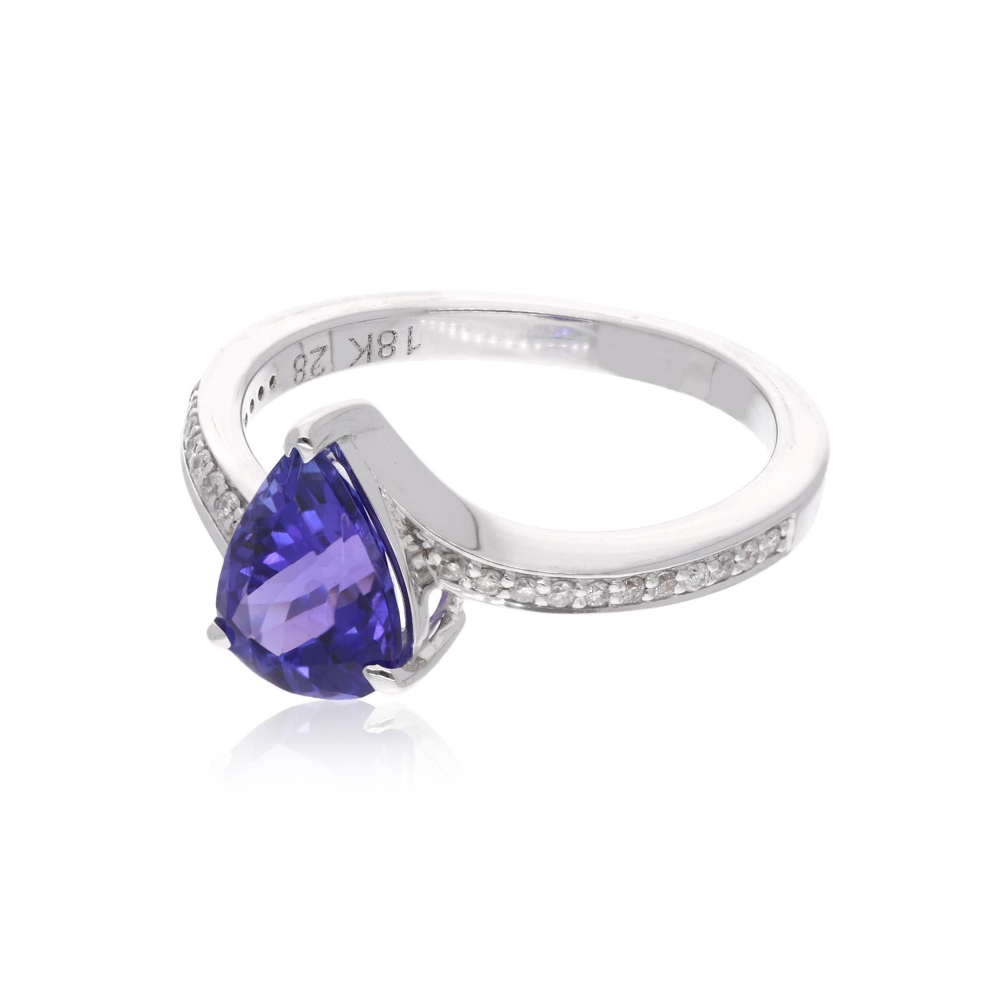 Pear Cut 1.78 Carat Pear Shape Tanzanite Ring 0.10 Ct Pave Diamond 18 Karat White Gold For Sale