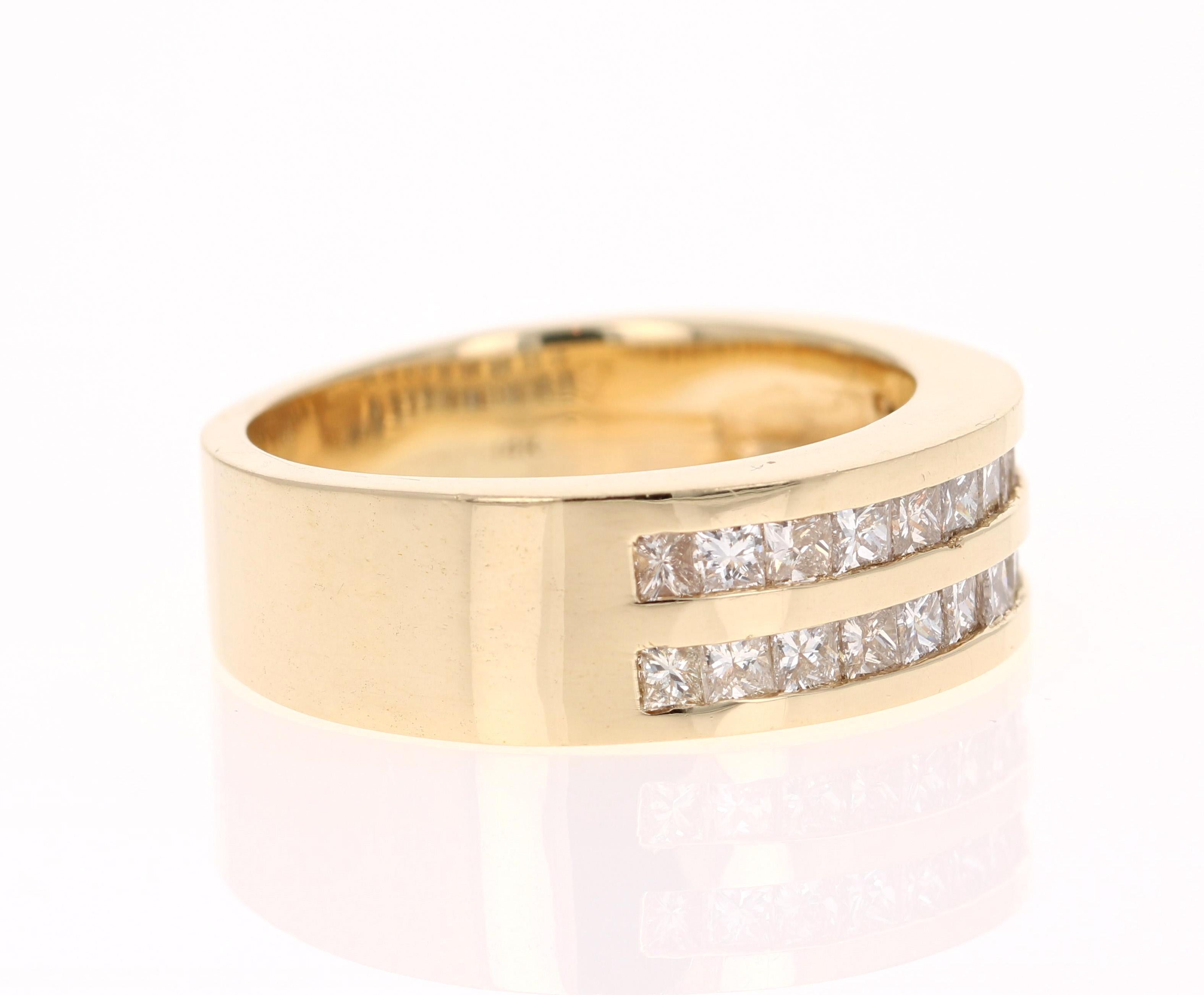 We have a Men's Collection of Fine Jewelry!  Beautiful, Bold, Masculine and Simple Men's Wedding Rings/Bands. 

This Men's Band has 24 Princess Cut Diamonds that weigh 1.78 Carats.  The total carat weight is 1.78 Carats.  The Clarity and Color of