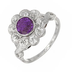 1.78 Carat Purple Natural Sapphire Diamond Halo Art Deco Platinum Ring