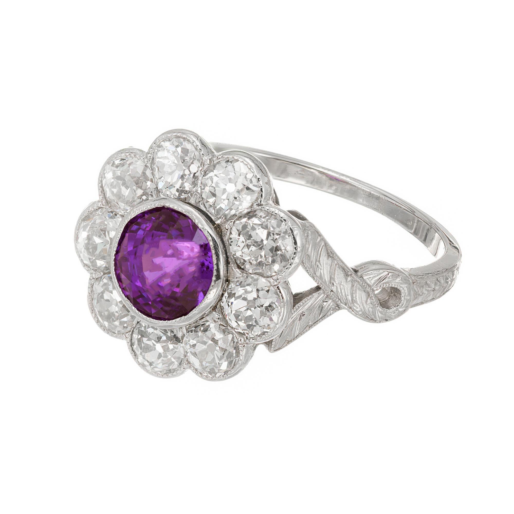 Old European Cut 1.78 Carat Purple Natural Sapphire Diamond Halo Art Deco Platinum Ring For Sale