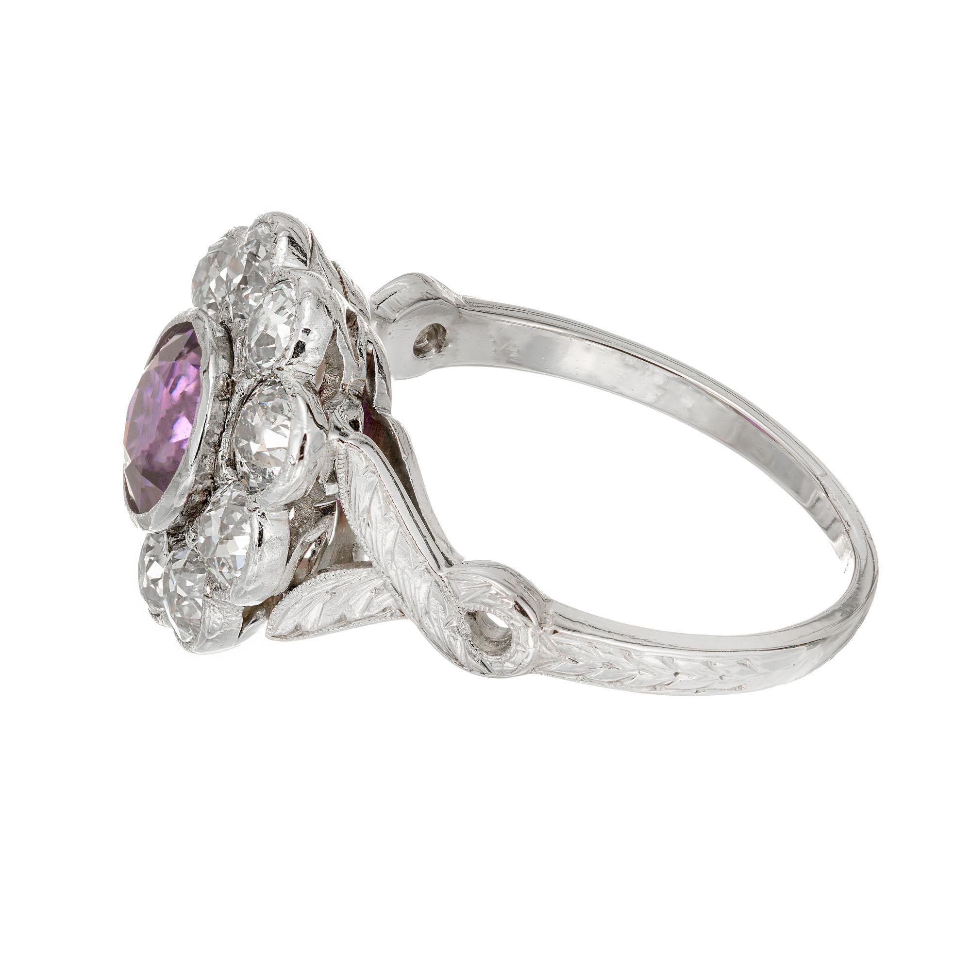 Women's 1.78 Carat Purple Natural Sapphire Diamond Halo Art Deco Platinum Ring For Sale