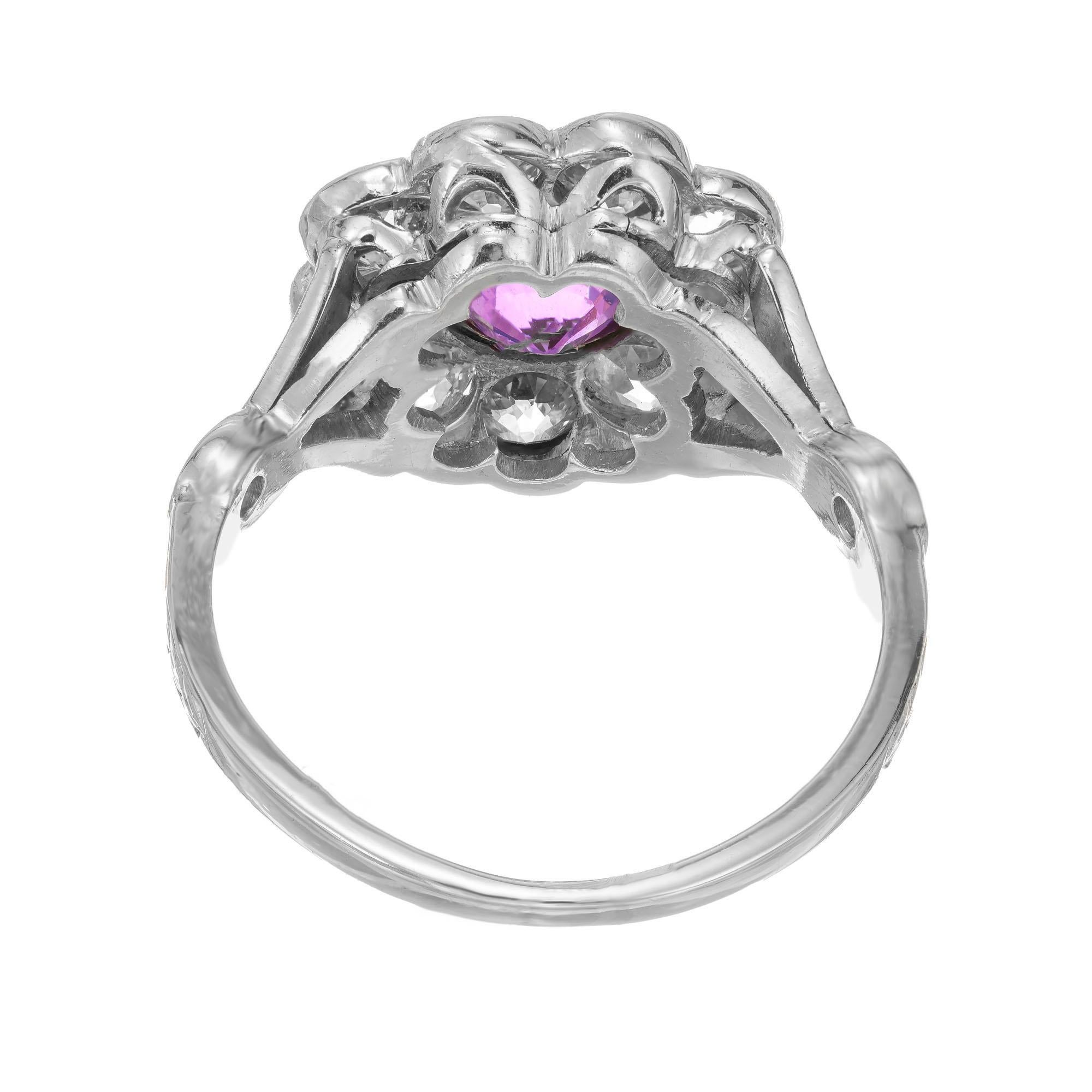 1.78 Carat Purple Natural Sapphire Diamond Halo Art Deco Platinum Ring For Sale 1