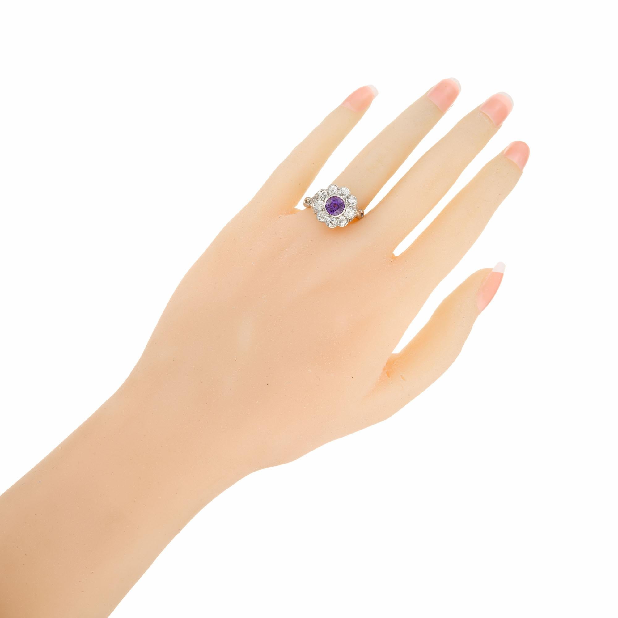 1.78 Carat Purple Natural Sapphire Diamond Halo Art Deco Platinum Ring For Sale 2