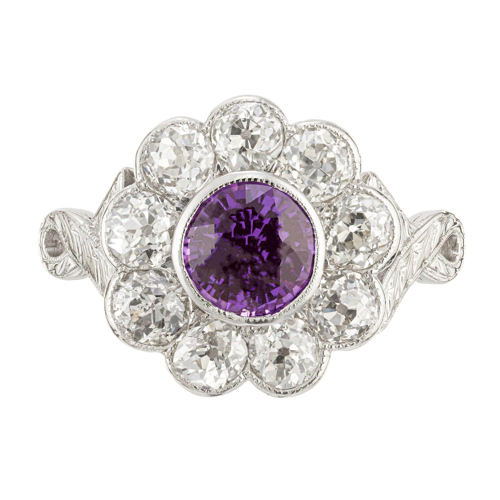 1.78 Carat Purple Natural Sapphire Diamond Halo Art Deco Platinum Ring For Sale