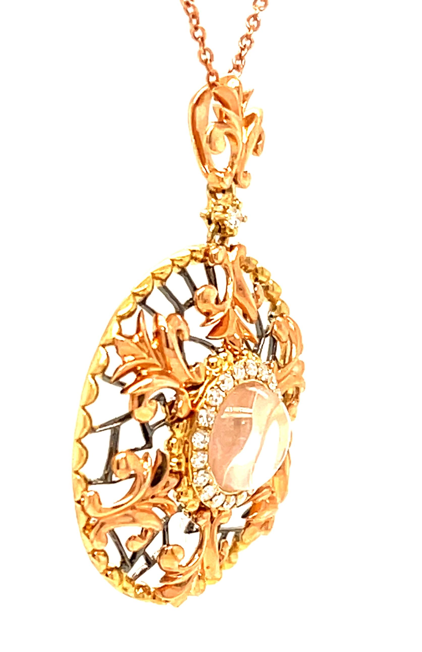Artisan 1.78 Carat Moonstone and Diamond Halo Necklace in Yellow and Rose Gold