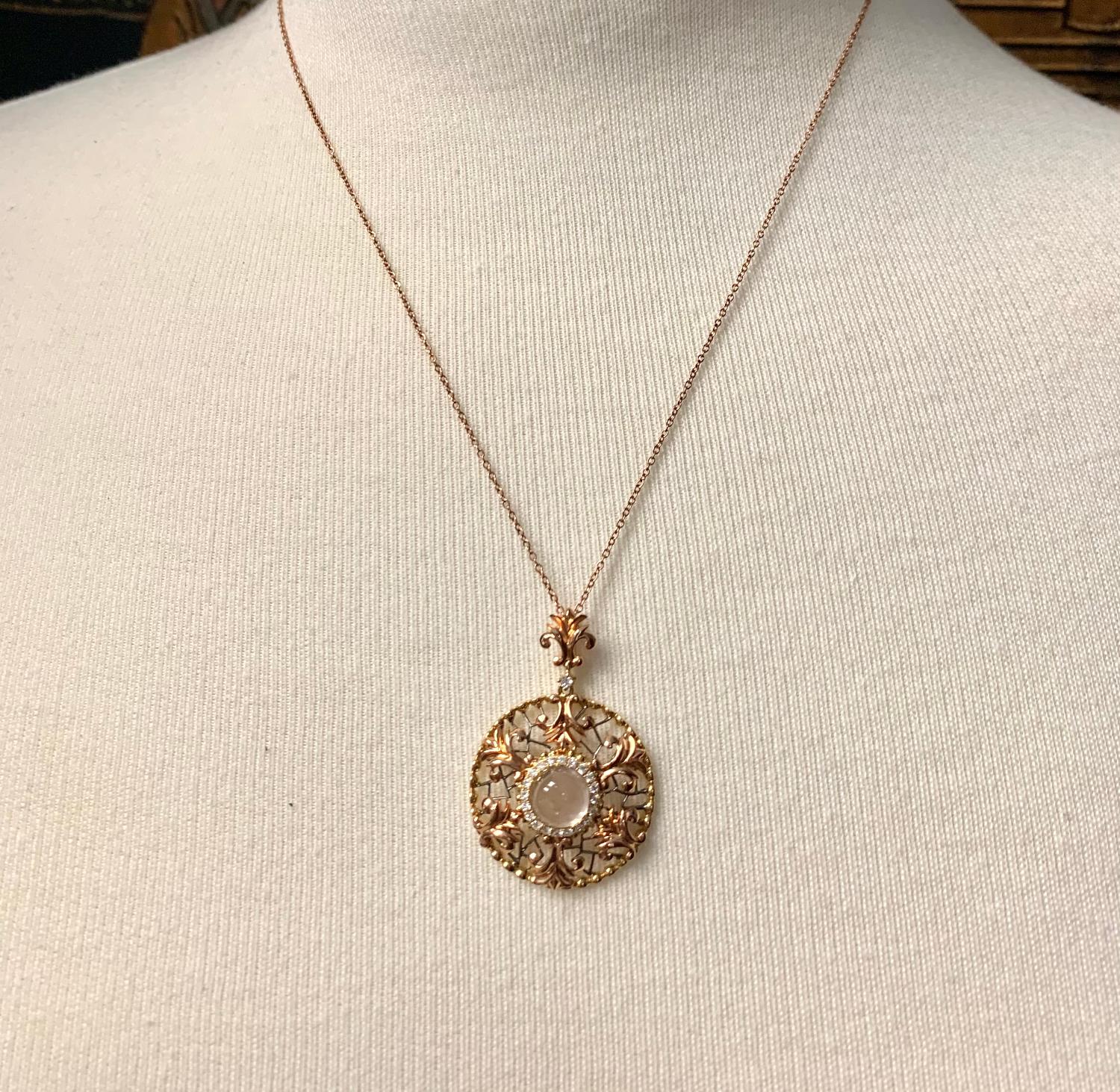 1.78 Carat Moonstone and Diamond Halo Necklace in Yellow and Rose Gold 4