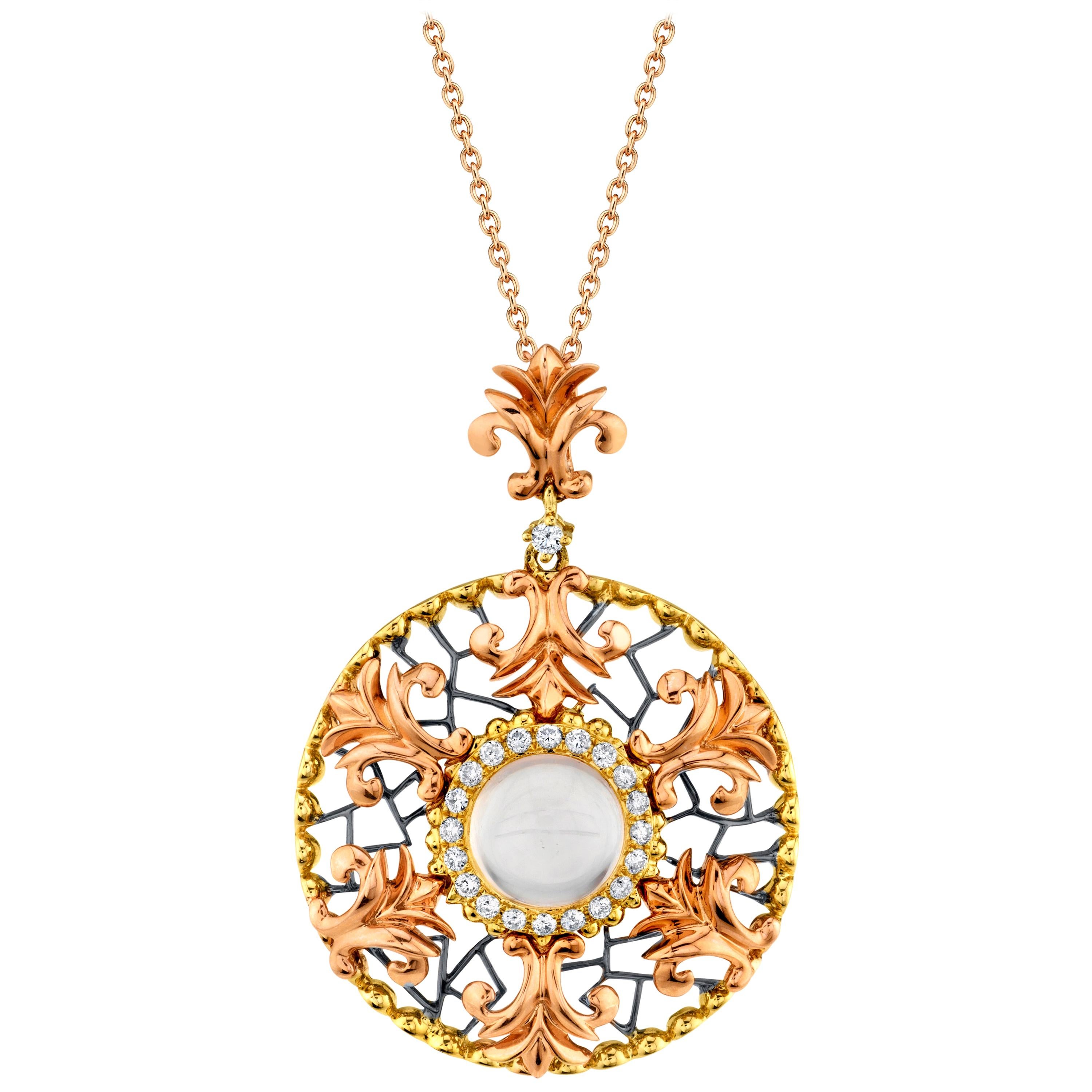 1.78 Carat Moonstone and Diamond Halo Necklace in Yellow and Rose Gold
