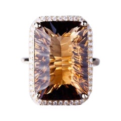 17.8 Carat Smoky Quartz Diamond Ring 14 Karat Yellow Gold