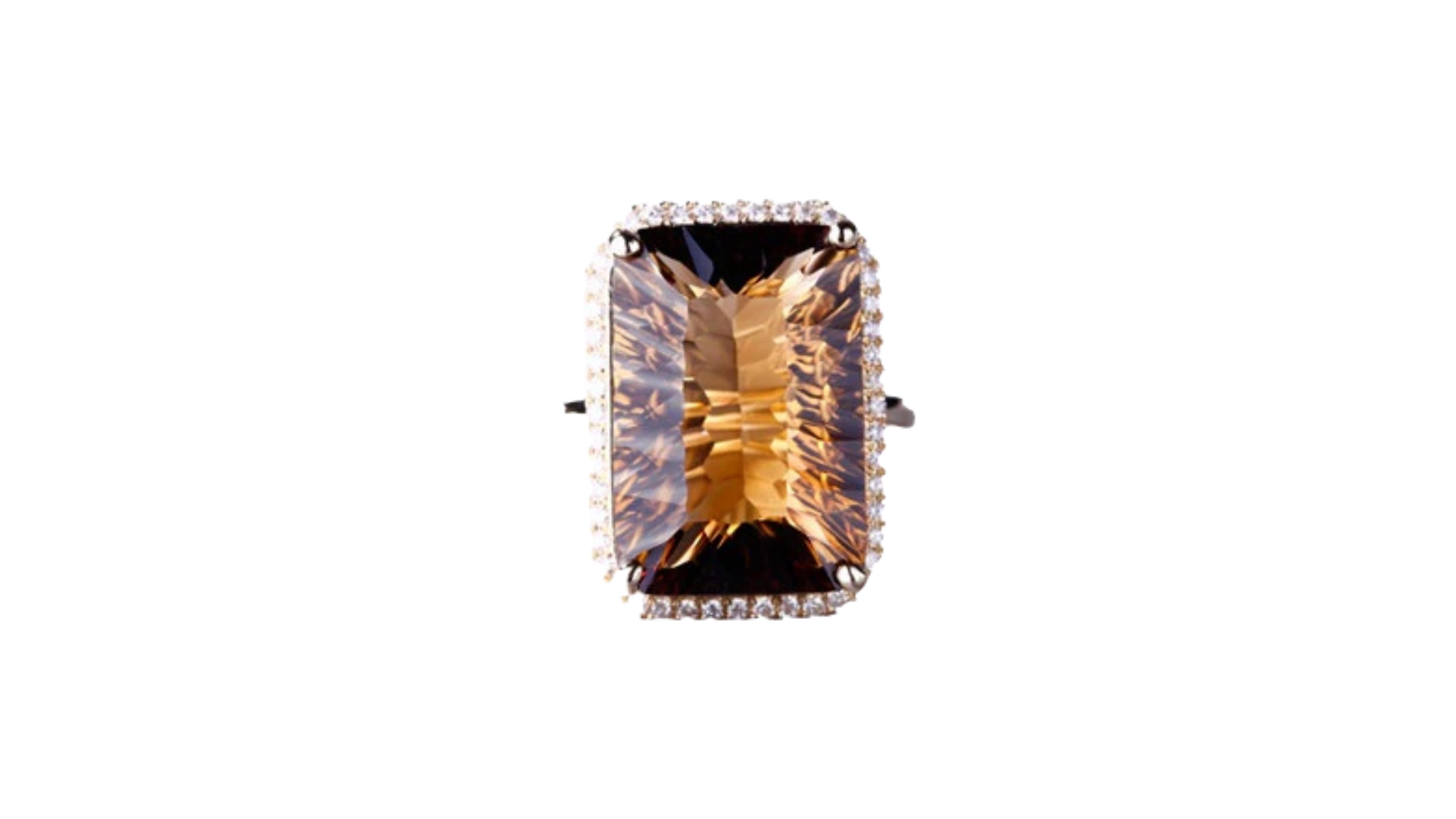 

17.8 Carat Smoky Quartz Diamond ring stands out with the  44 diamonds around the centre stone.

The color of smoky quartz is produced when natural radiation, emitted from the surrounding rock, activates color centres around aluminum impurities