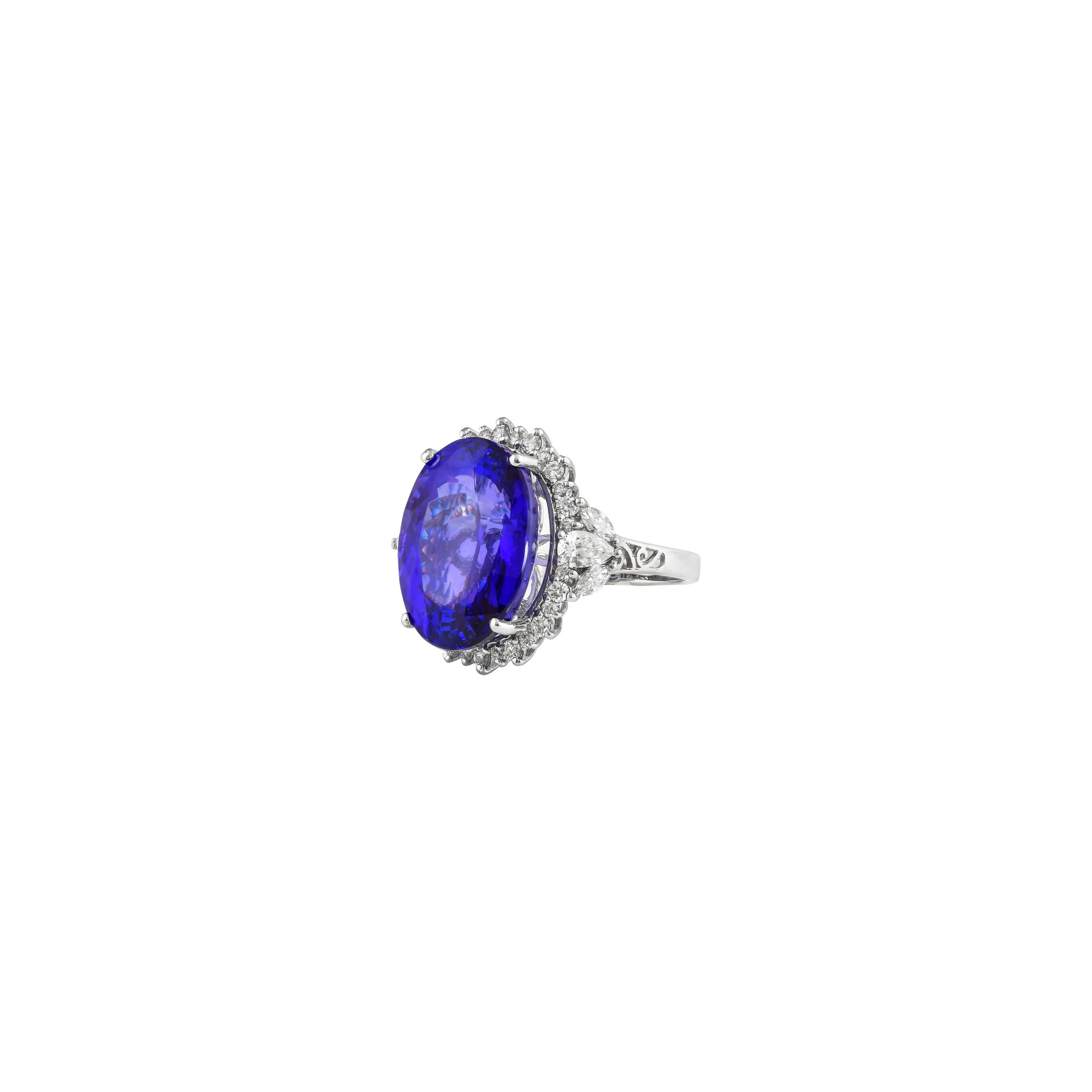 Oval Cut 17.8 Carat Tanzanite and White Diamond Ring in 18 Karat White Gold For Sale