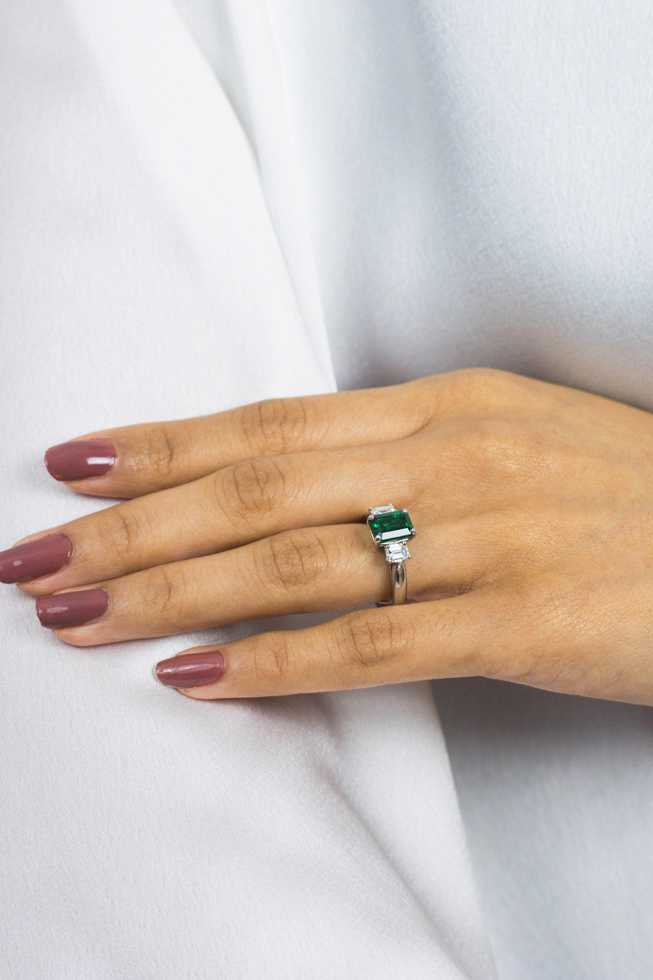1.78 Carats Emerald Cut Green Emerald & Diamond Three Stone Engagement Ring For Sale 1