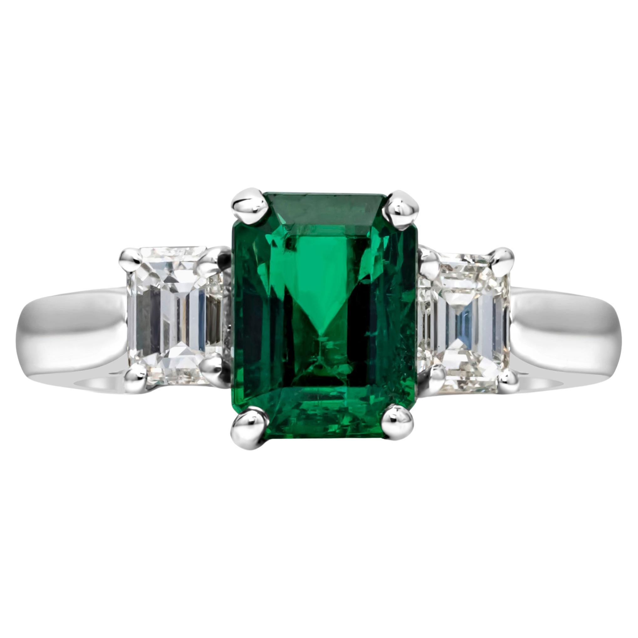 1.78 Carats Emerald Cut Green Emerald & Diamond Three Stone Engagement Ring For Sale