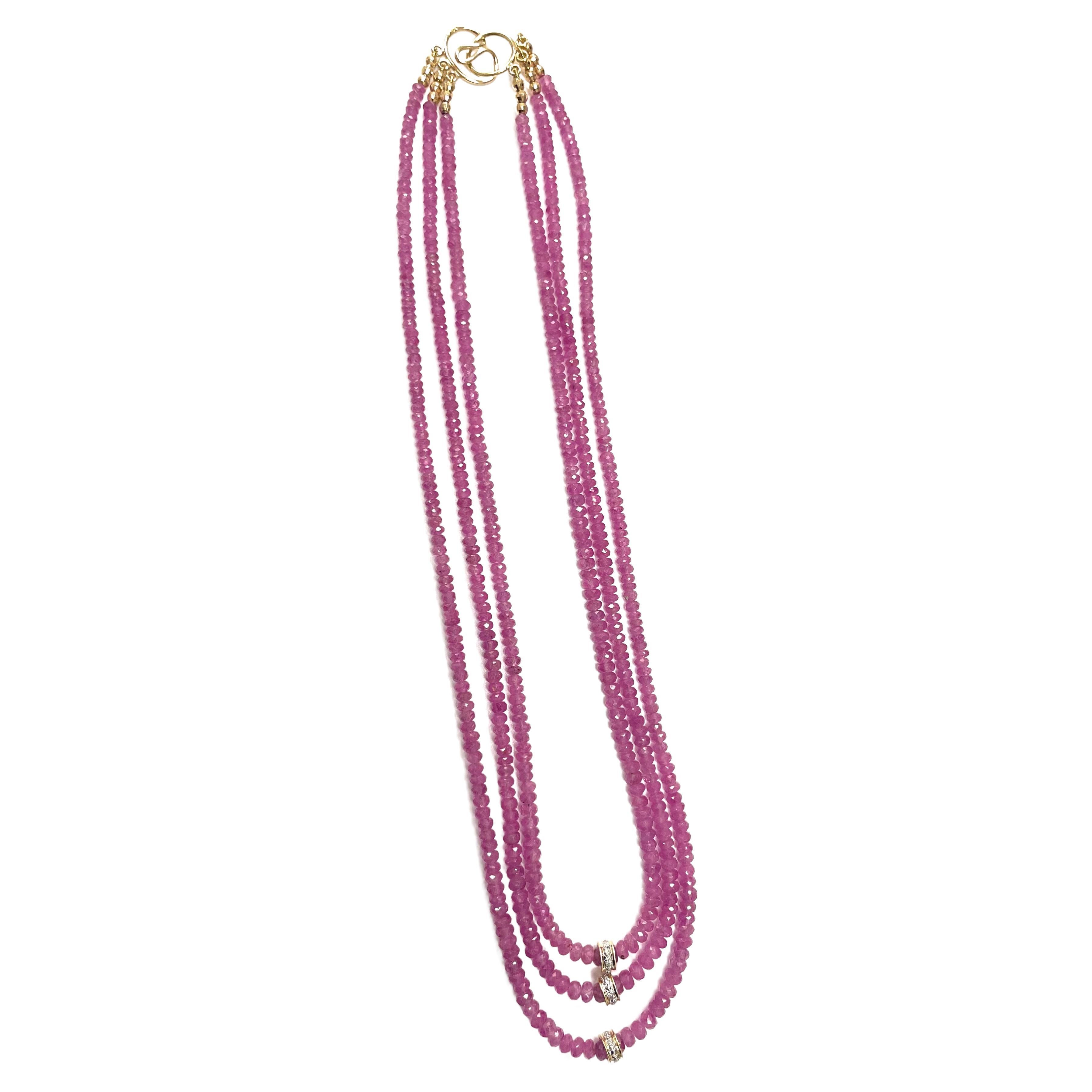 Description
Vibrant pink, superior quality sapphire three strand necklace adorned with a pave diamond center accent on each strand and a user friendly interlocking clasp.
Item # N2895

Materials and Weight
Pink sapphires, 178cts, 4mm, faceted