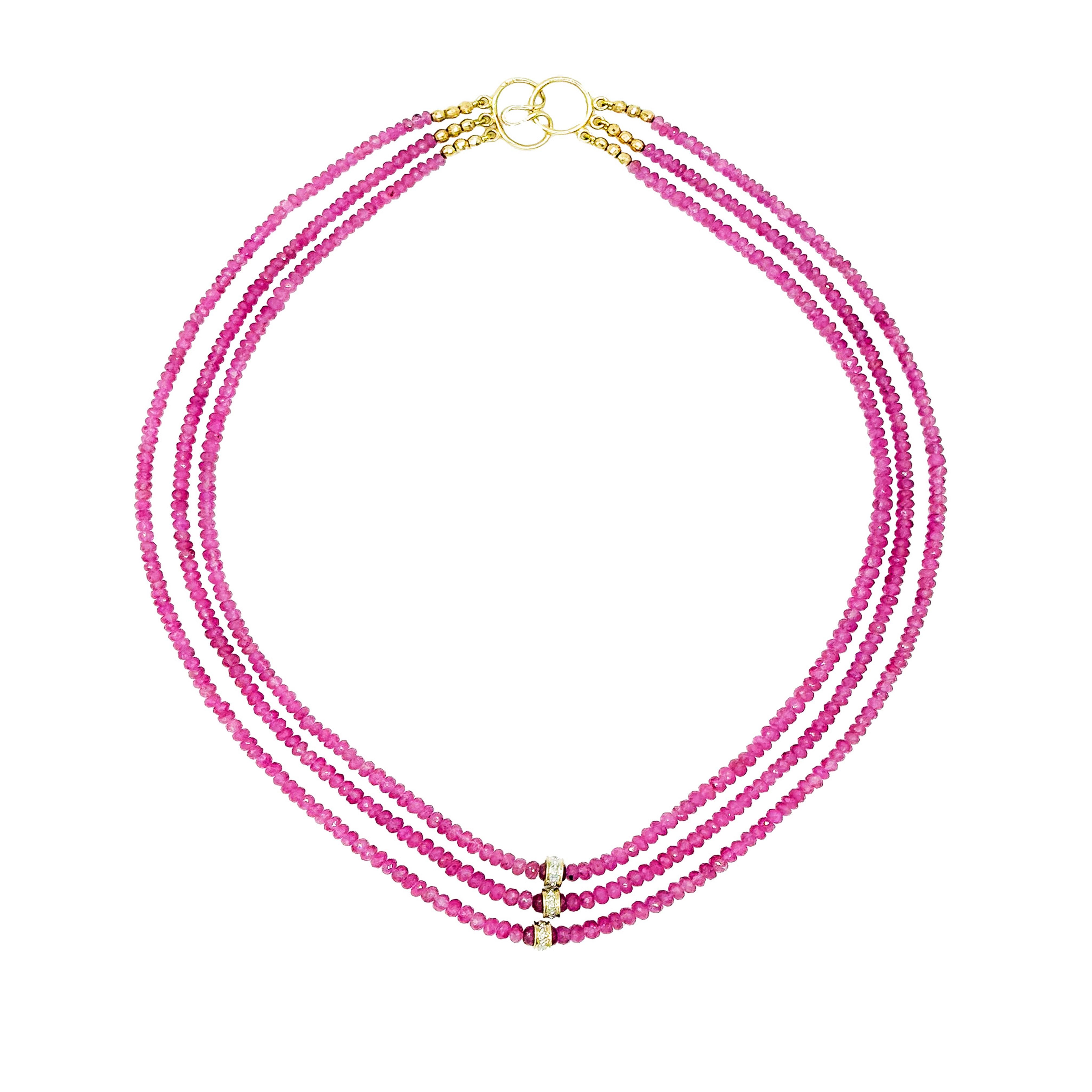 Description
Vibrant pink, superior quality sapphire three strand necklace adorned with a pave diamond center accent on each strand and a user friendly interlocking clasp.
Item # N2895

Materials and Weight
Pink sapphires, 178cts, 4mm, faceted