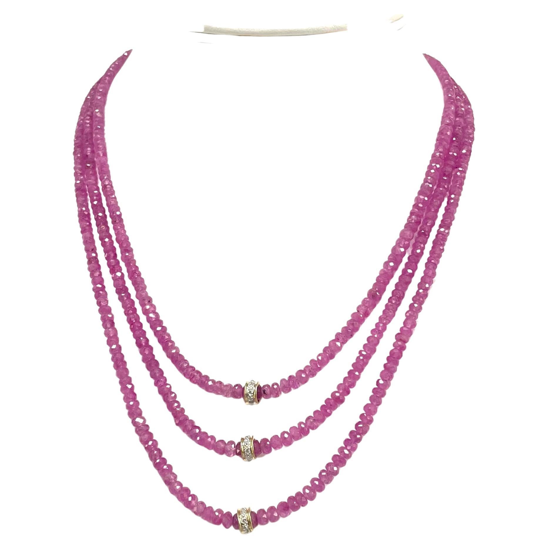 Artisan 178 Carats Natural Pink Sapphire and Diamonds 3 Strand Paradizia Necklace For Sale