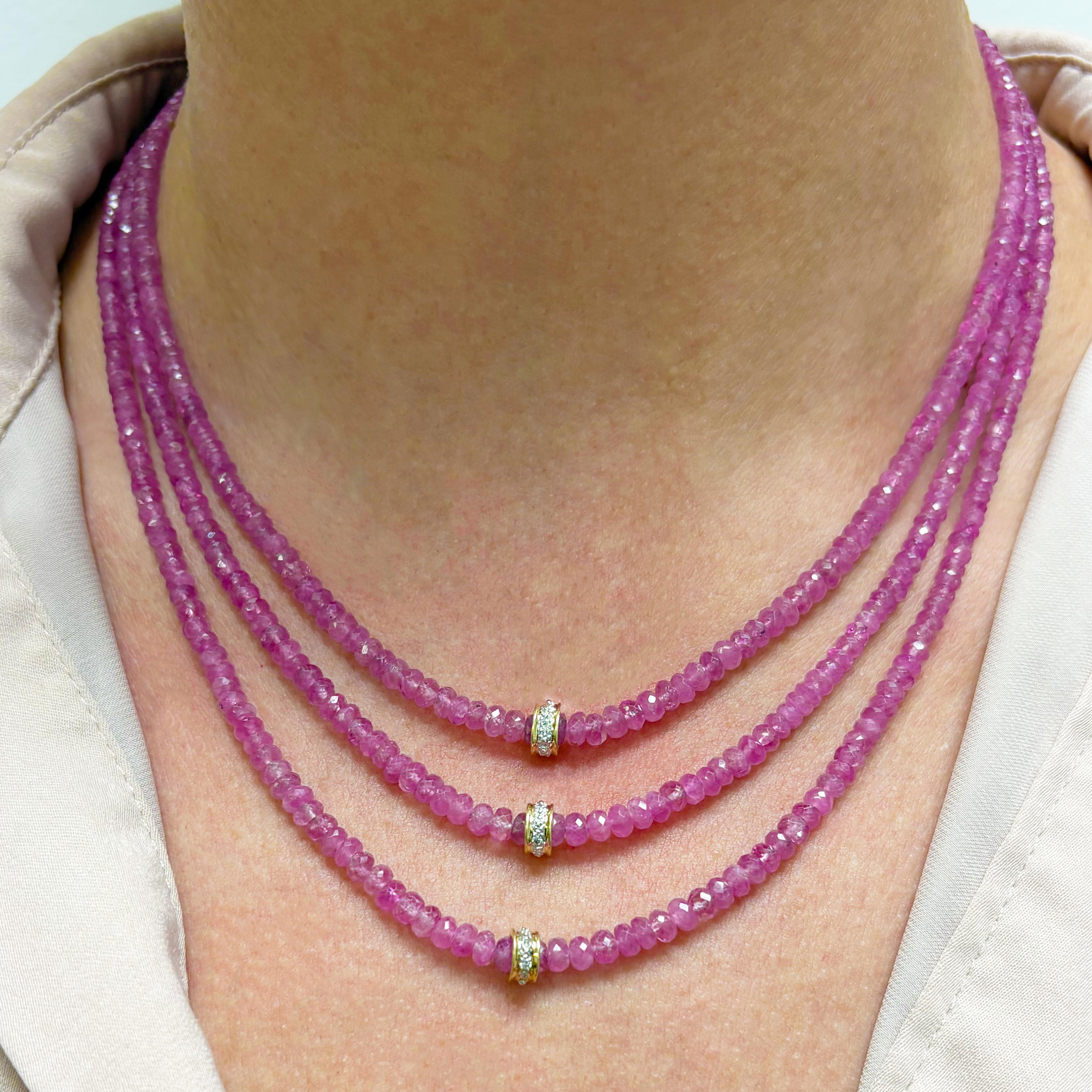 Artisan 178 Carats Natural Pink Sapphire and Diamonds 3 Strand Paradizia Necklace For Sale
