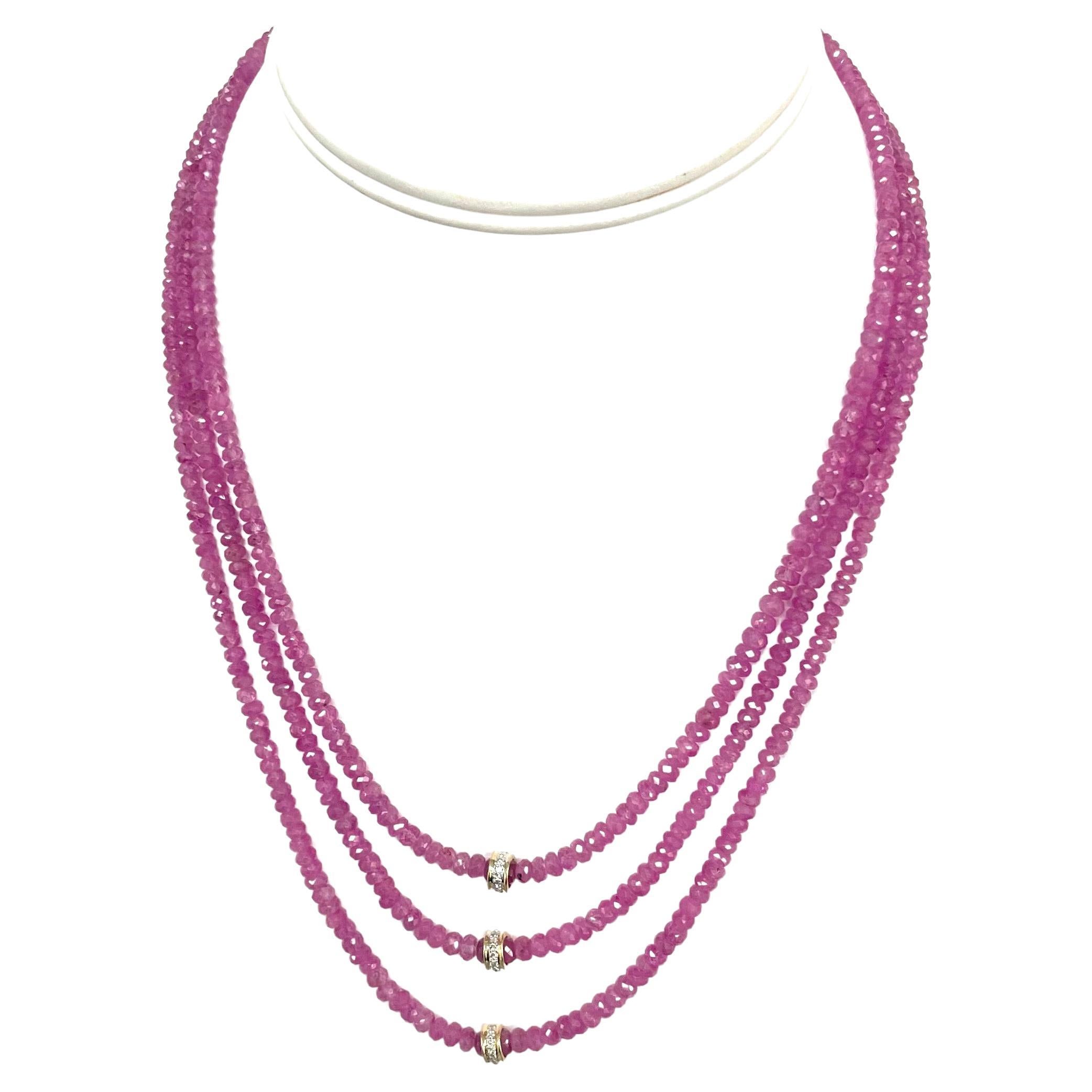 Bead 178 Carats Natural Pink Sapphire and Diamonds 3 Strand Paradizia Necklace For Sale