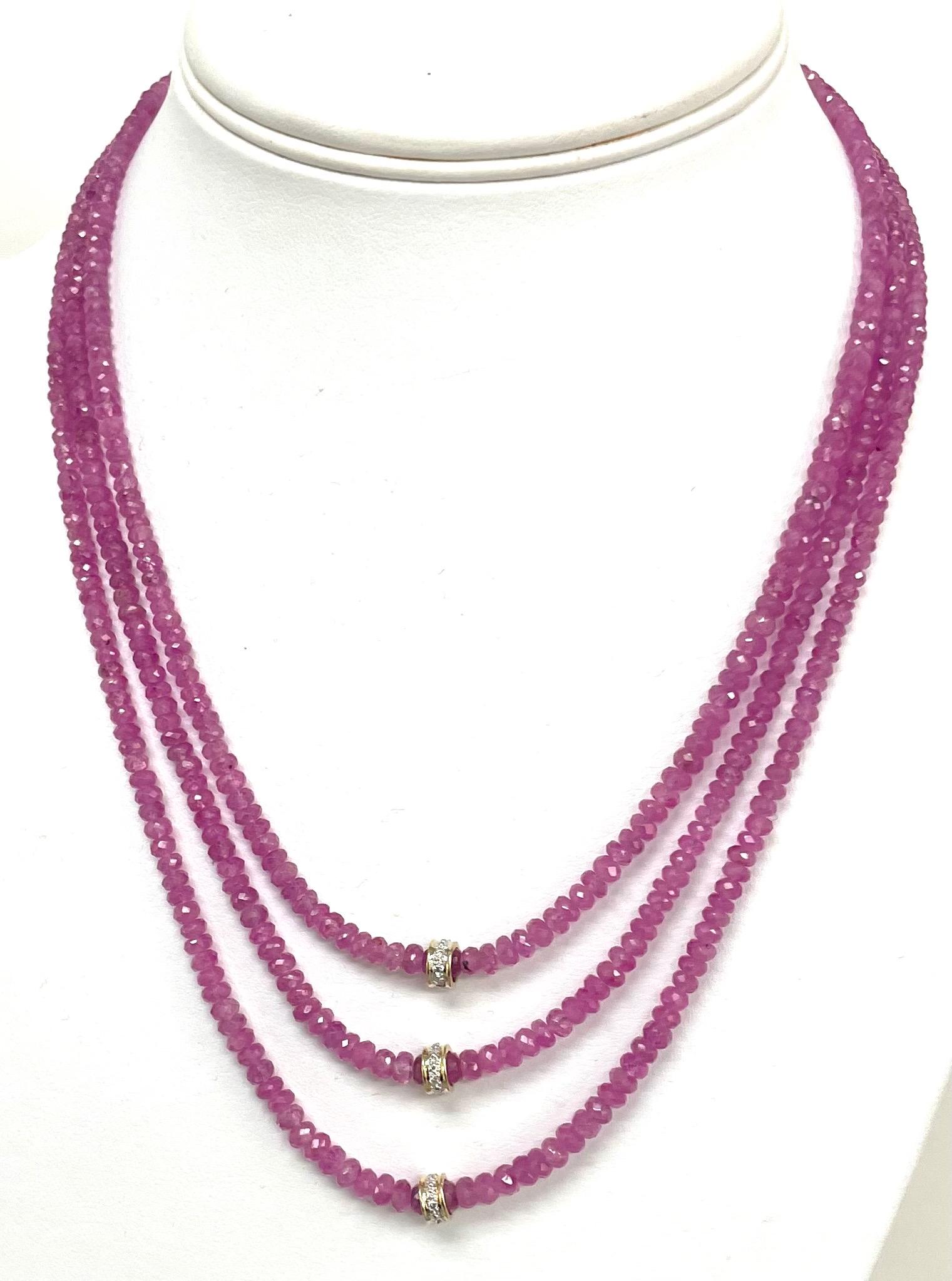 Women's 178 Carats Natural Pink Sapphire and Diamonds 3 Strand Paradizia Necklace For Sale