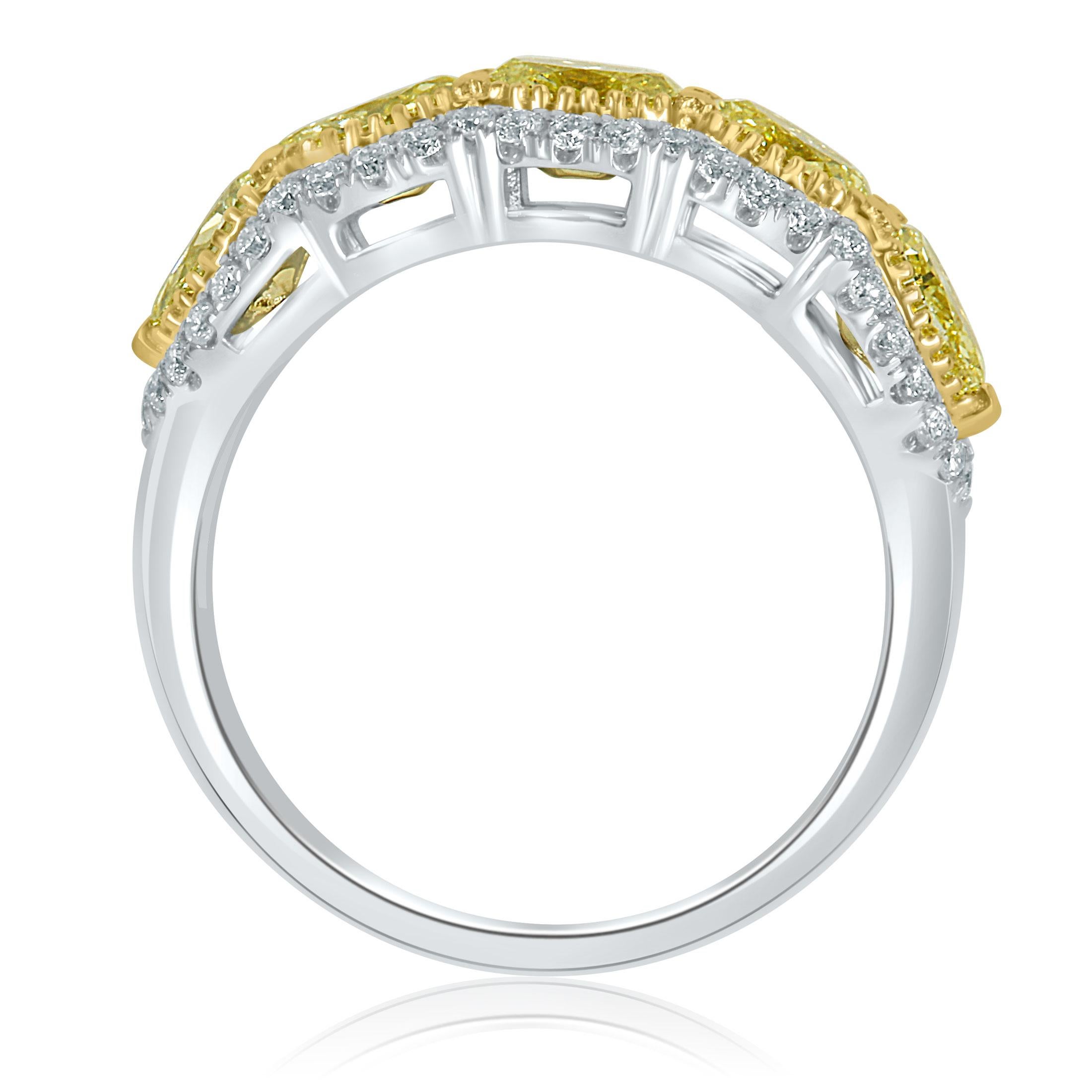 1.78 Karat Oval & Birnenförmiger Fancy Gelber Diamant Ehering 14K Weißgold Jahrestag-Ring im Angebot 4