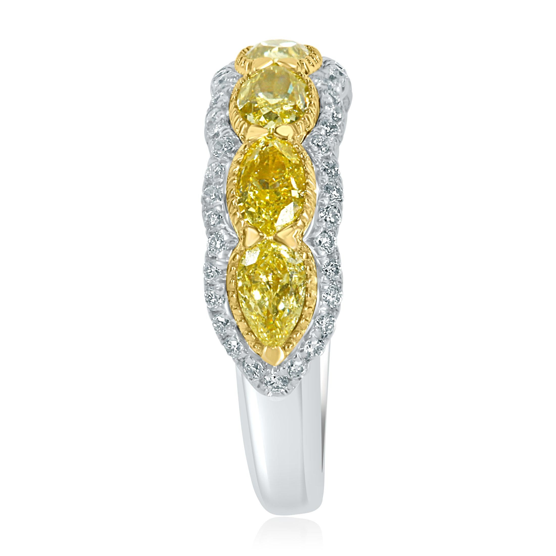 1.78 Karat Oval & Birnenförmiger Fancy Gelber Diamant Ehering 14K Weißgold Jahrestag-Ring im Angebot 3