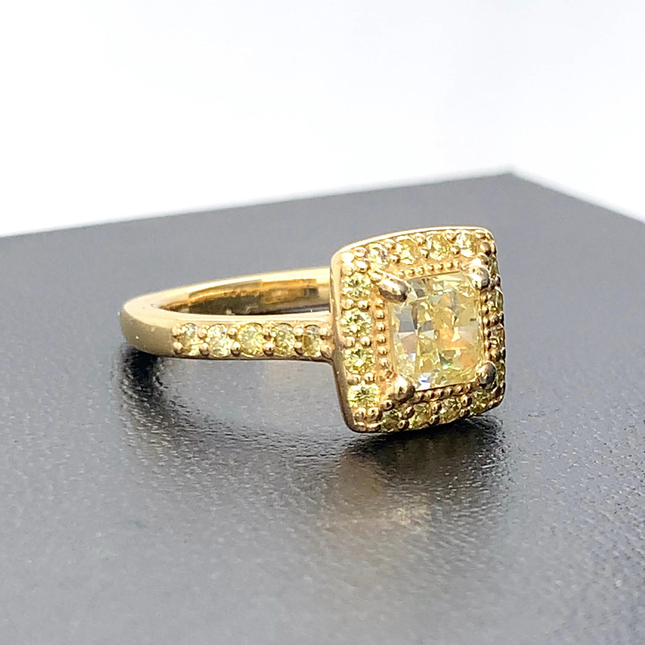 Contemporary 1.78 Tcw Fancy Yellow Diamond Ring VS2 Natural GIA Certified 18k Yellow Gold For Sale