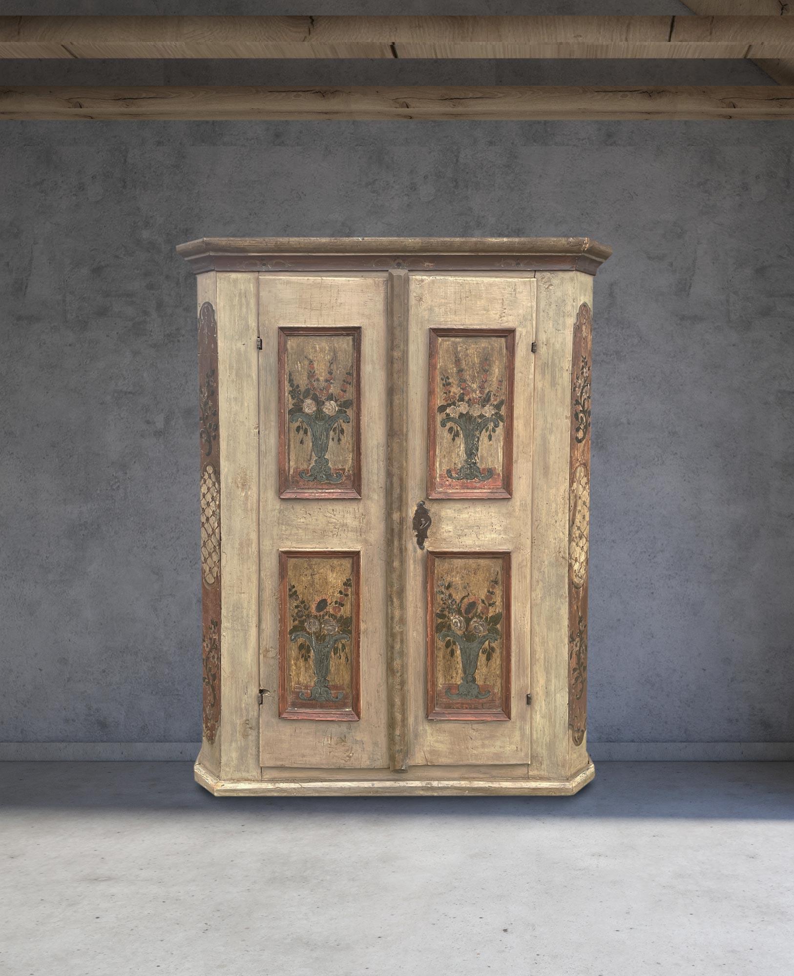 Italian 1780 Antique White floral Painted Tyrolean Cabinet