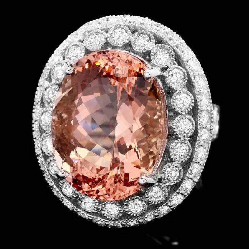 Mixed Cut 17.80 Carats Natural Morganite and Diamond 14K Solid White Gold Ring For Sale