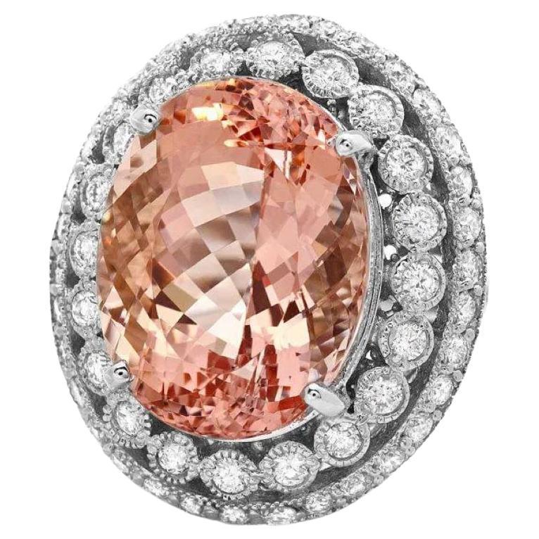 17.80 Carats Natural Morganite and Diamond 14K Solid White Gold Ring