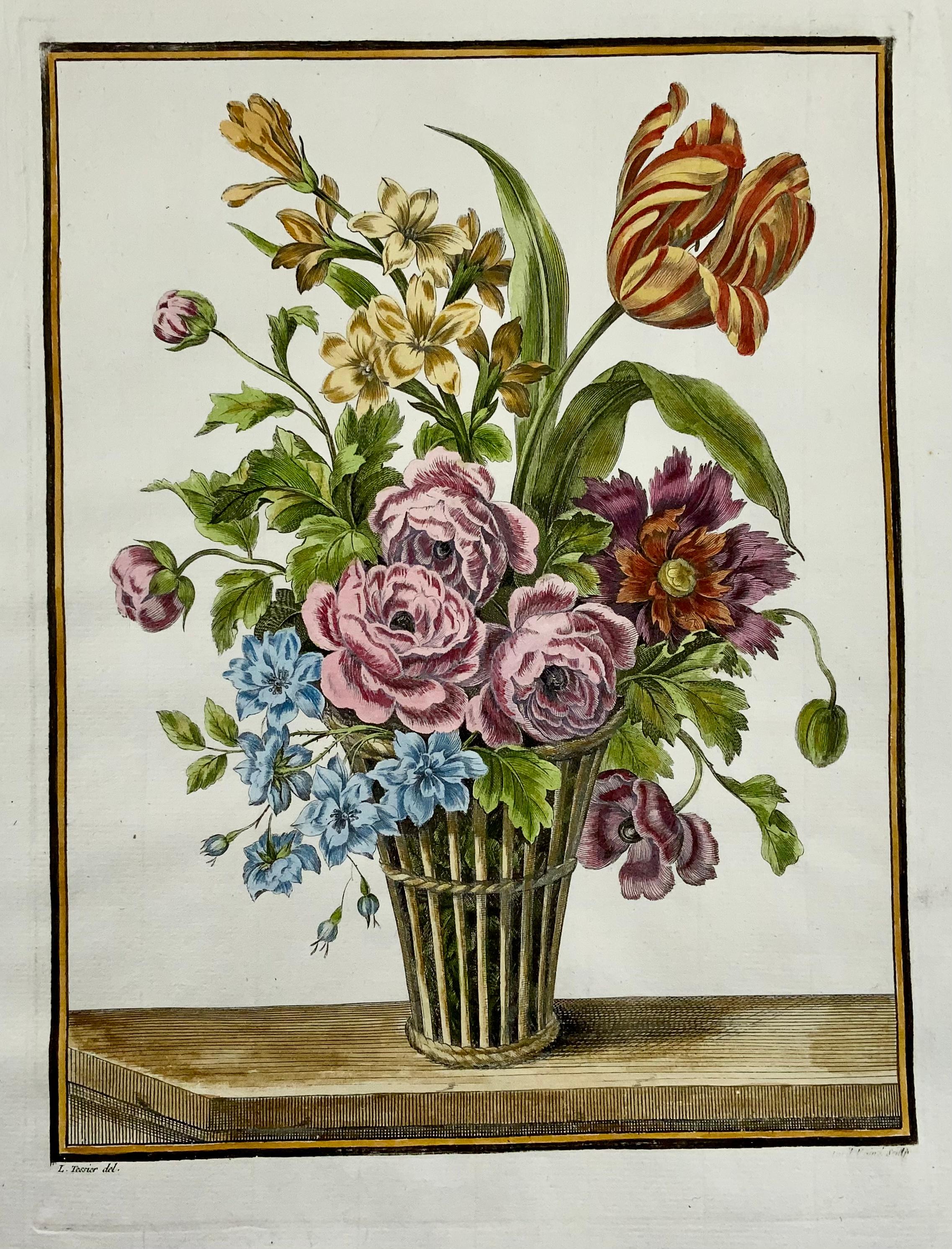 Georgian 1780 Floral Spring Bouquet, Louis Tessier, Folio, Tulip, Poeny, Hand Coloured For Sale