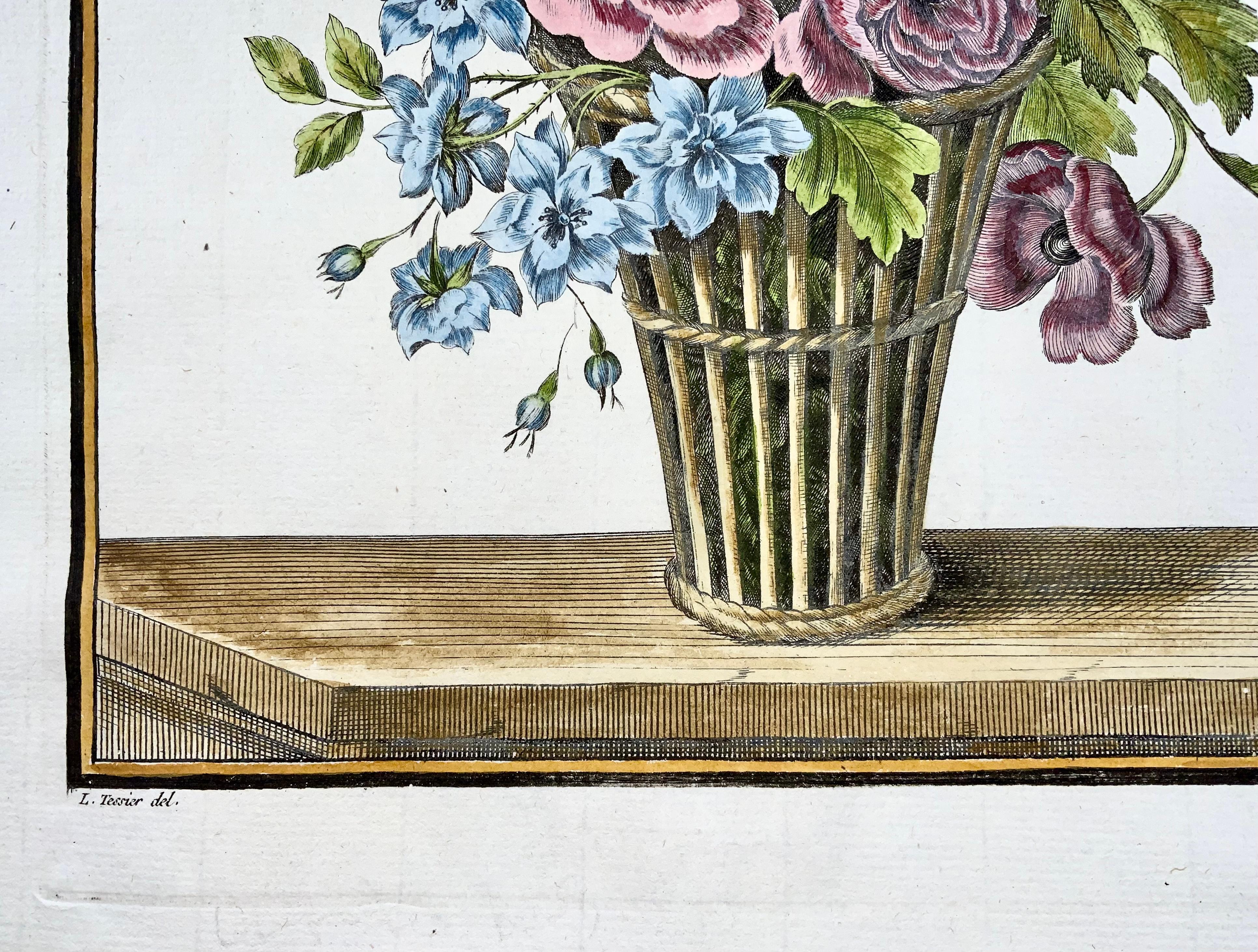 Etched 1780 Floral Spring Bouquet, Louis Tessier, Folio, Tulip, Poeny, Hand Coloured For Sale