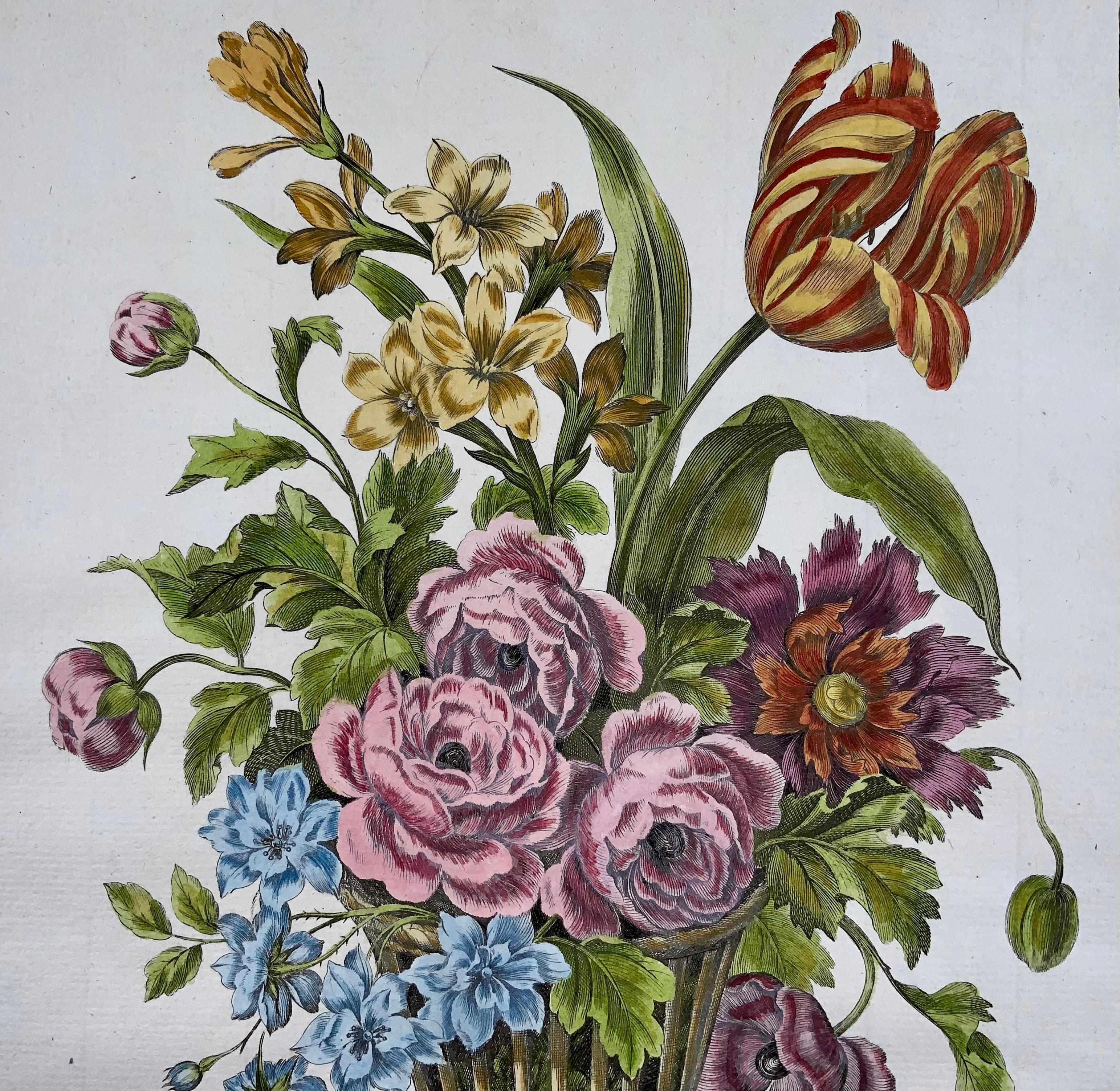 18th Century 1780 Floral Spring Bouquet, Louis Tessier, Folio, Tulip, Poeny, Hand Coloured For Sale