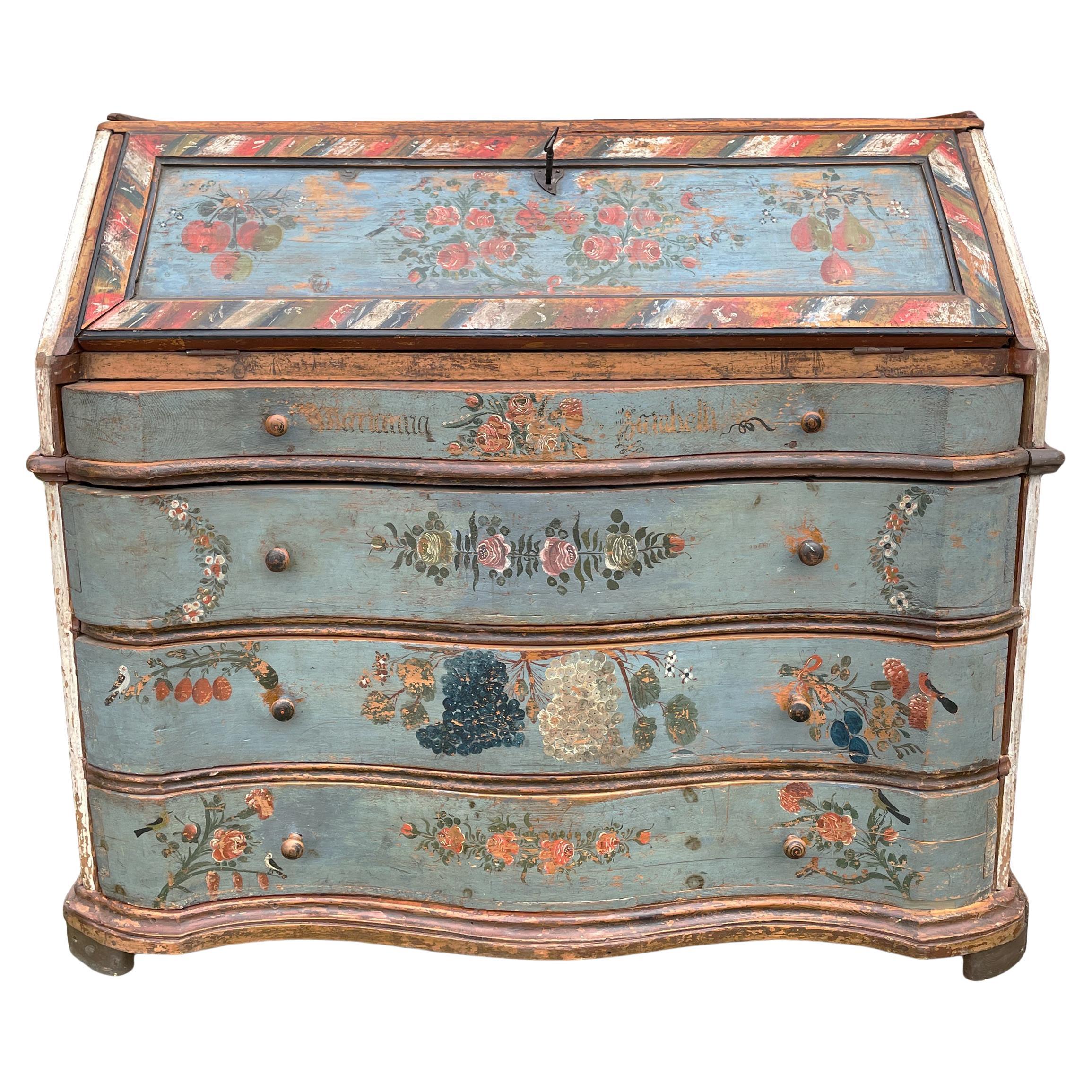 1780 Italian Shaped and Floral Painted Secretaire