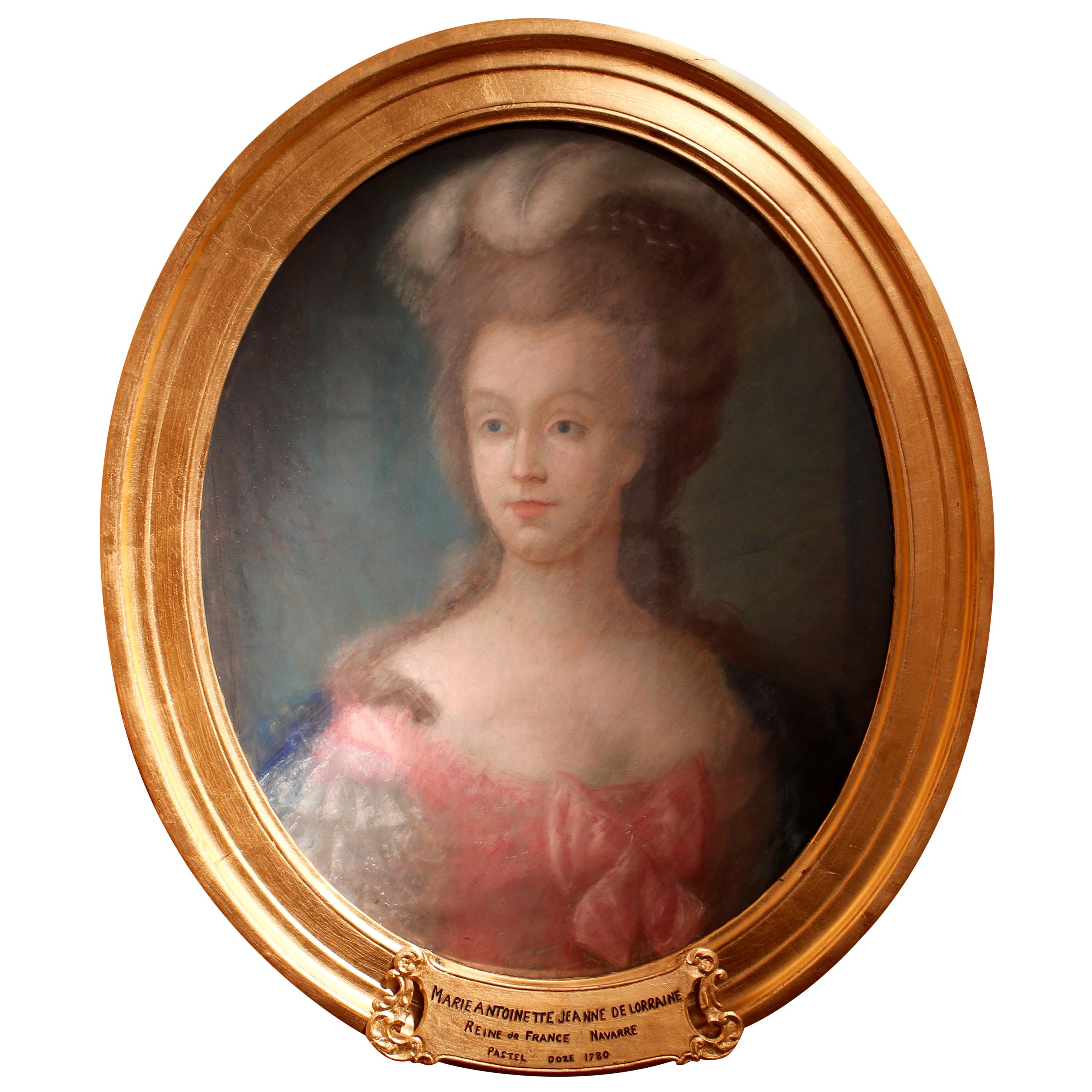 1780 Oval Pastel on Canvas Depiction of Queen Marie-Antoinette in Original Frame