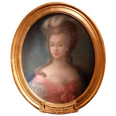 Pastel ovale sur toile de 1780 représentant la reine Marie-Antoinette dans son cadre d'origine