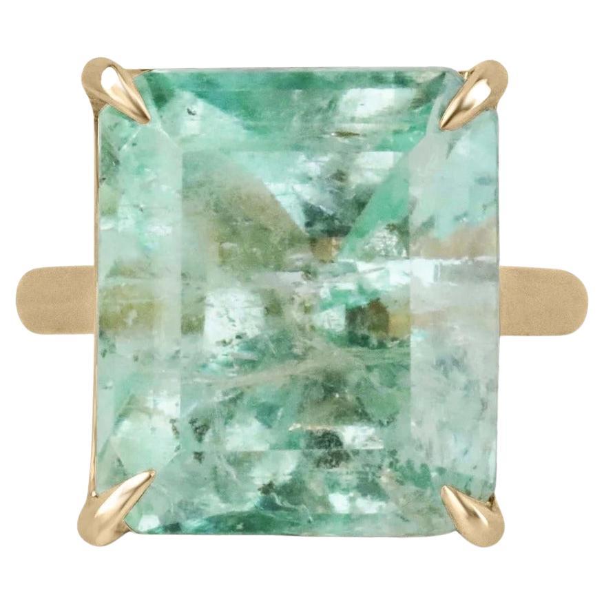 17.80ct 14K HUGE Natural Light Spring Green Emerald Cut Colombian Emerald Ring For Sale