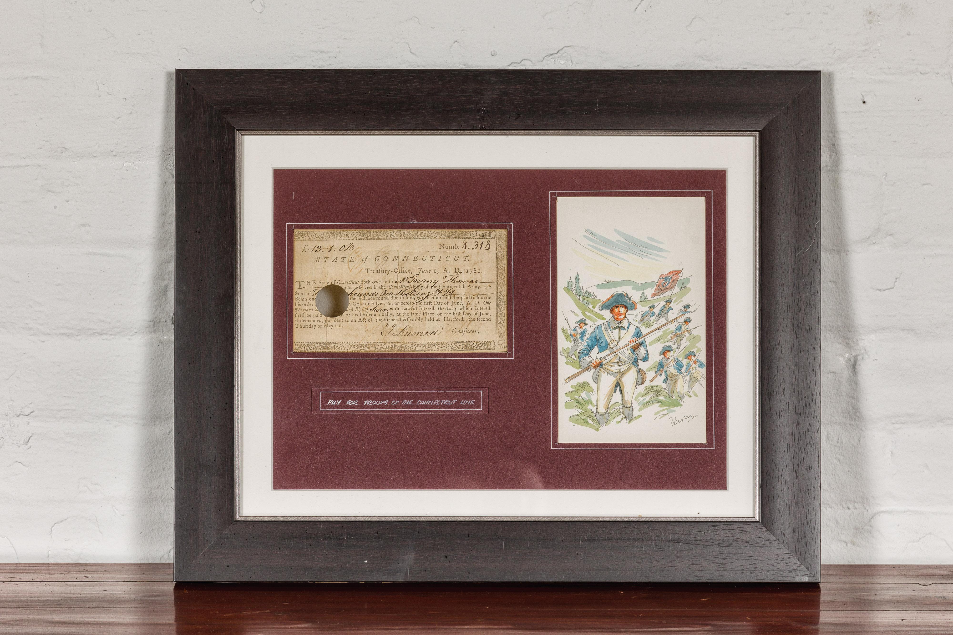 An American Revolutionary war bond from the State of Connecticut from circa 1782 in custom black frame under glass. Step into the pages of history with this authentic American Revolutionary War bond from circa 1782, a remarkable piece from the State