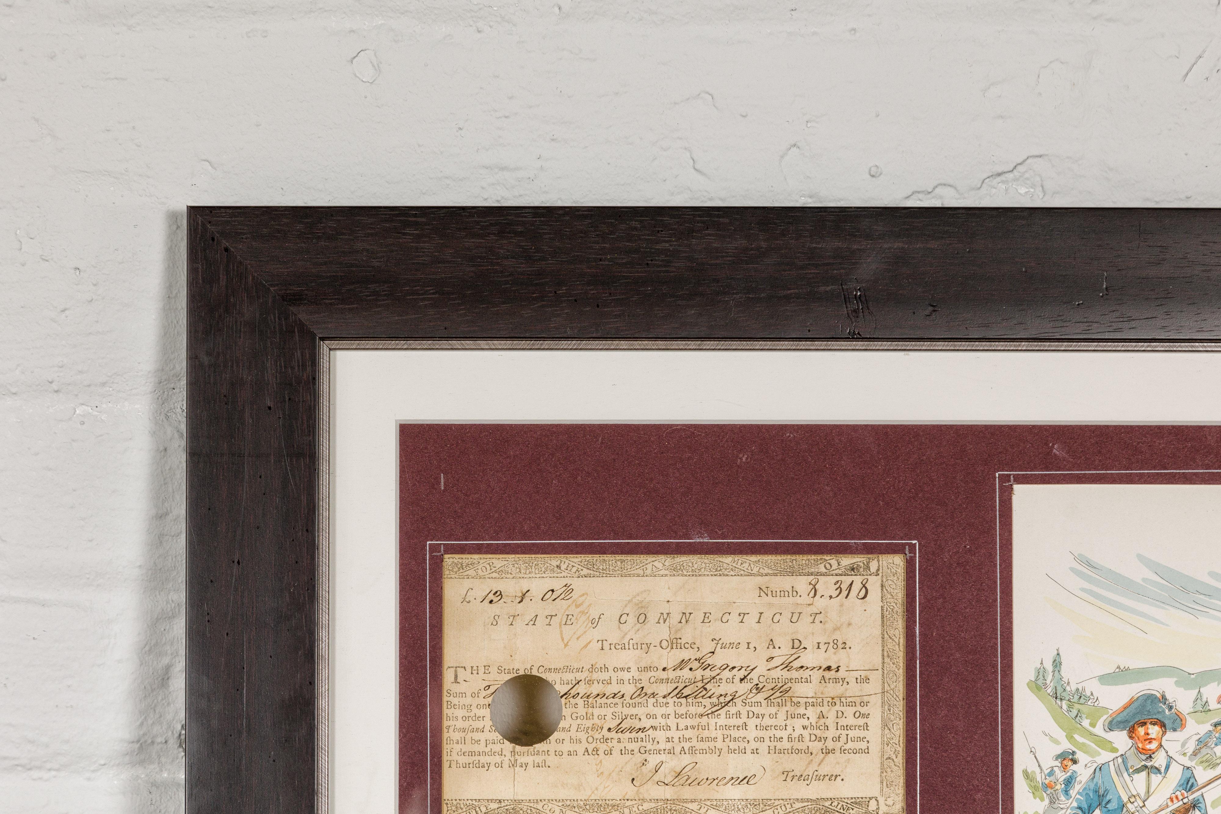 1780s American Revolutionary War Bond, State of Connecticut in Black Frame In Good Condition For Sale In Yonkers, NY
