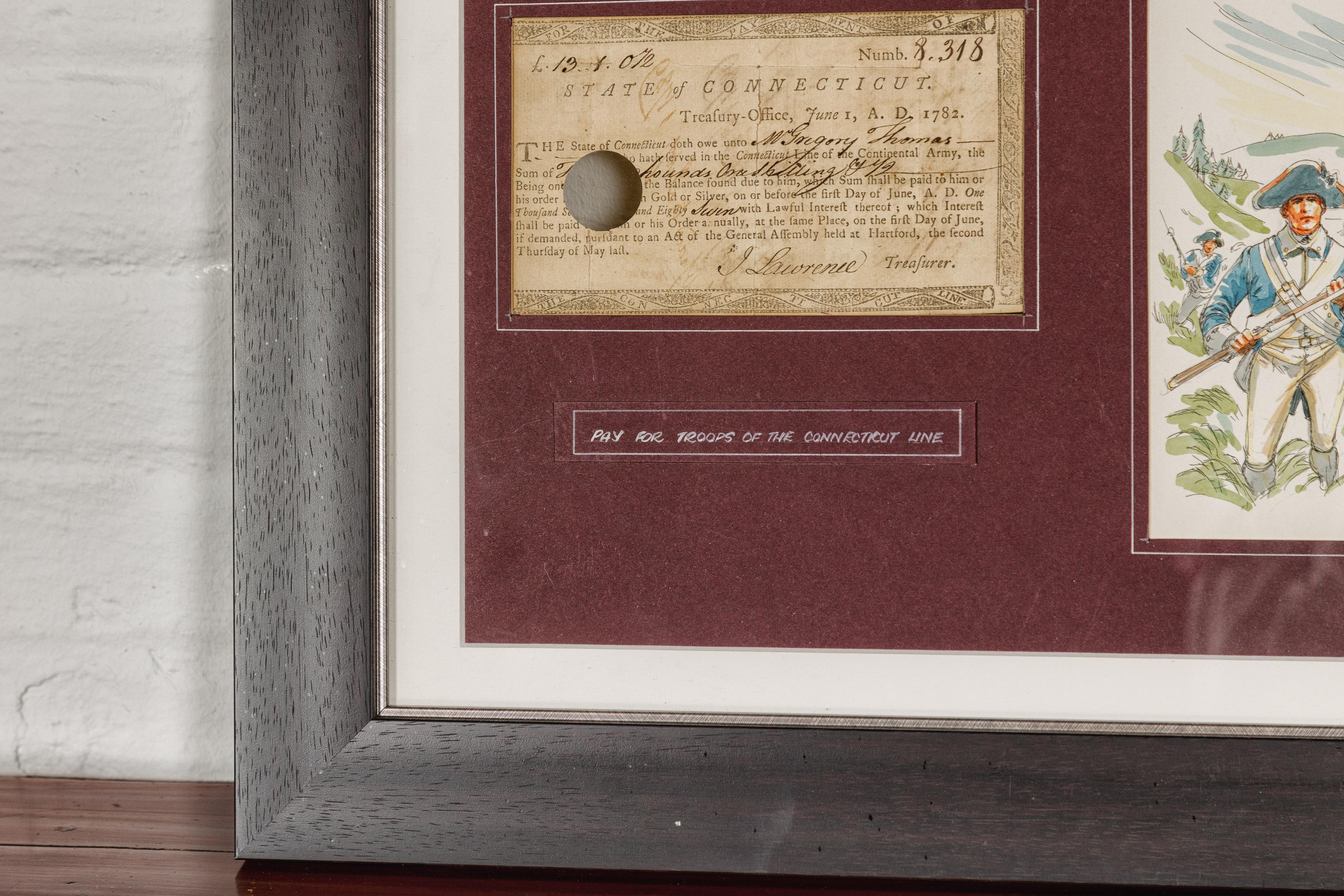 1780s American Revolutionary War Bond, State of Connecticut in Black Frame For Sale 1