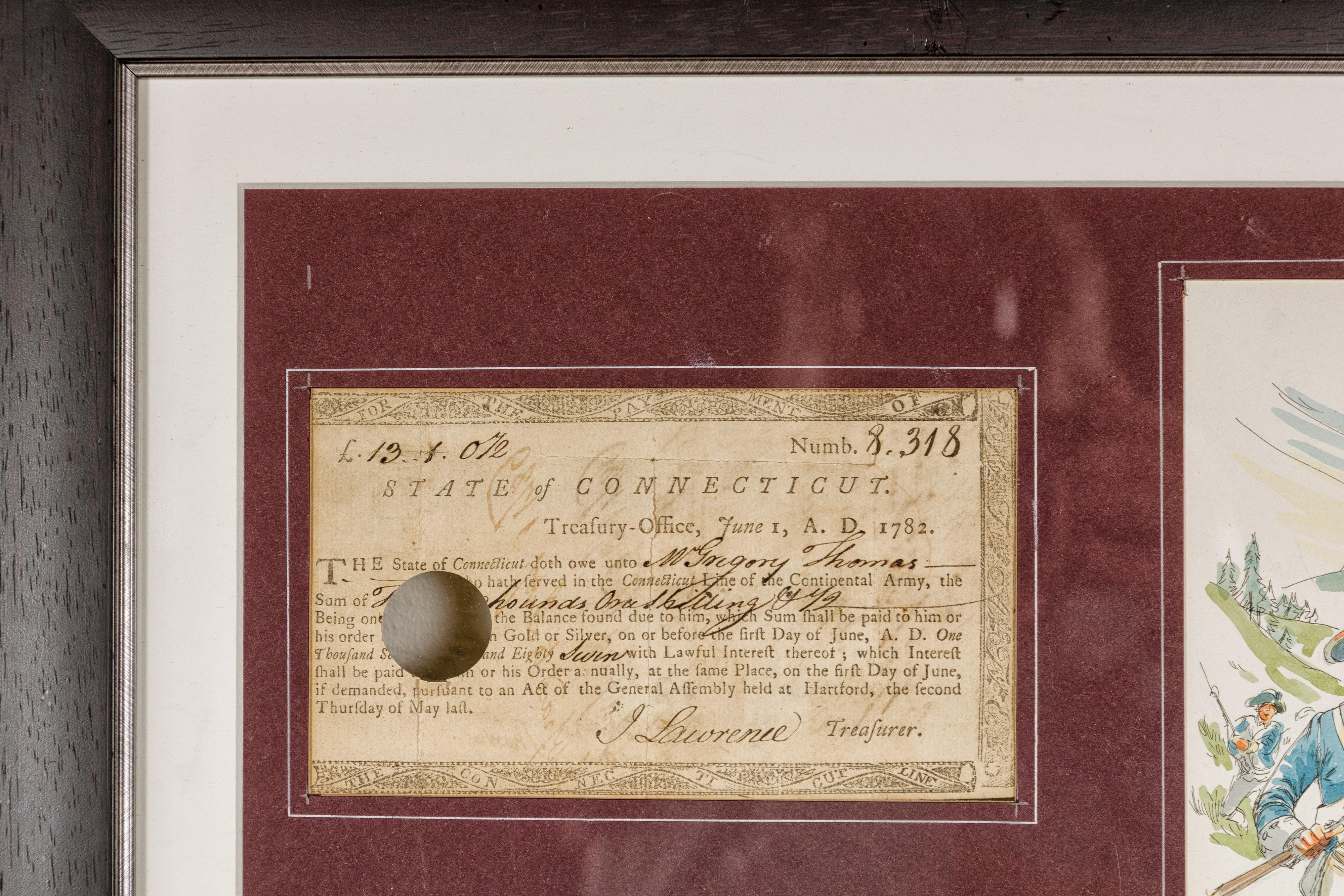 1780s American Revolutionary War Bond, State of Connecticut in Black Frame For Sale 2