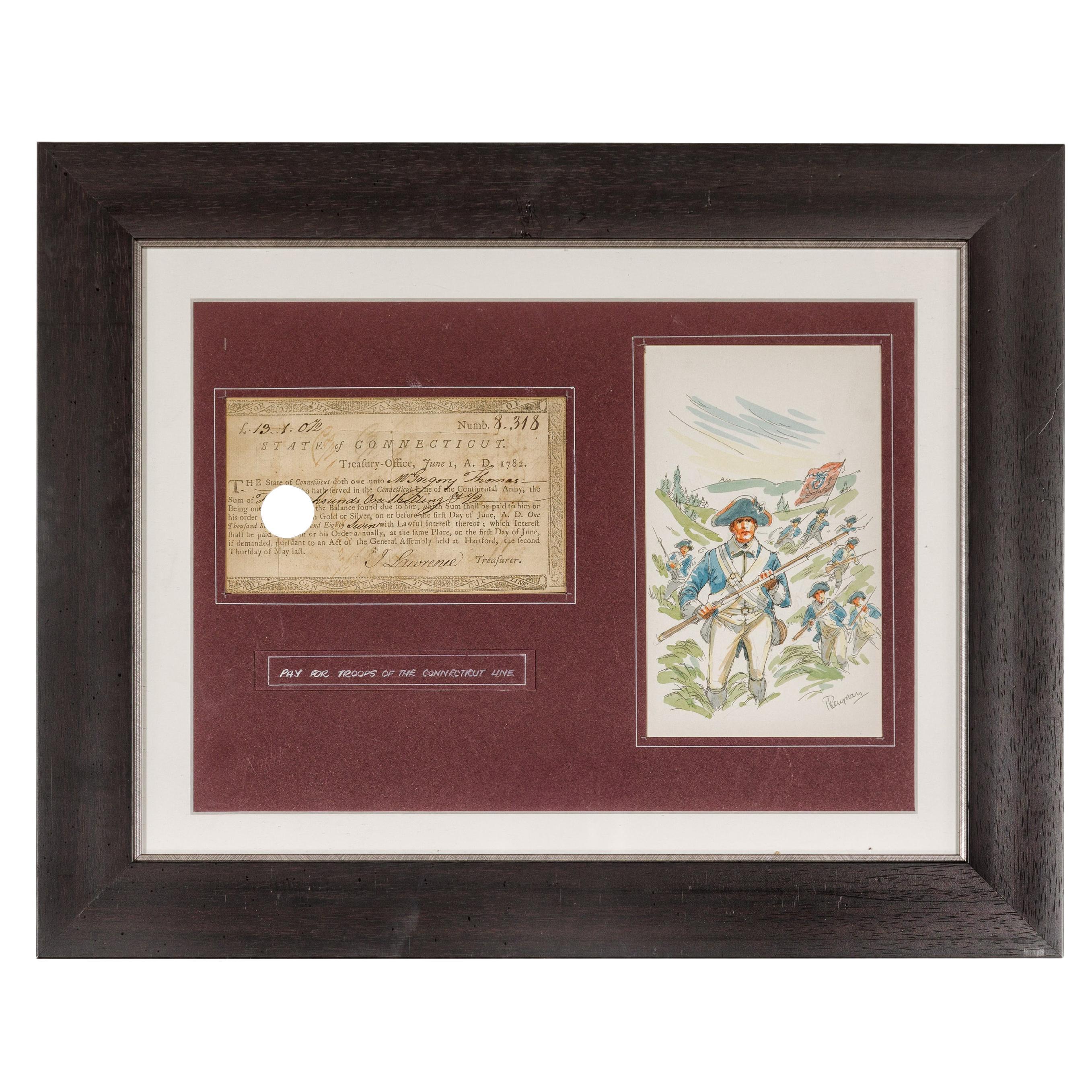 1780s American Revolutionary War Bond, State of Connecticut in Black Frame For Sale