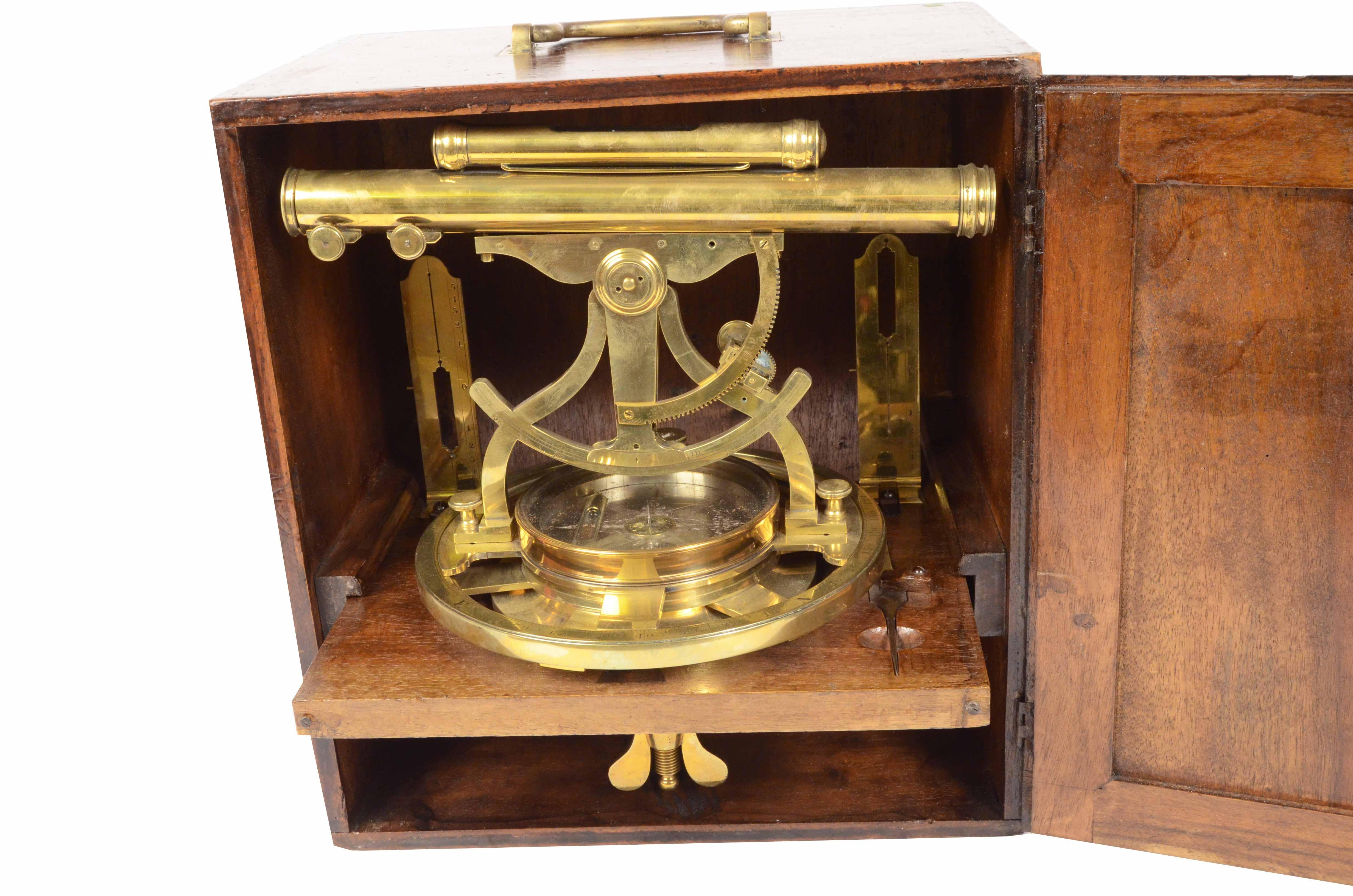 Brass theodolite signed Cole Fecit from the mid-18th century complete with brass graduated sights that can be replaced with a telescope and original wooden box. The instrument is fixed on a wooden tablet with 4 display feet. Instrument used for