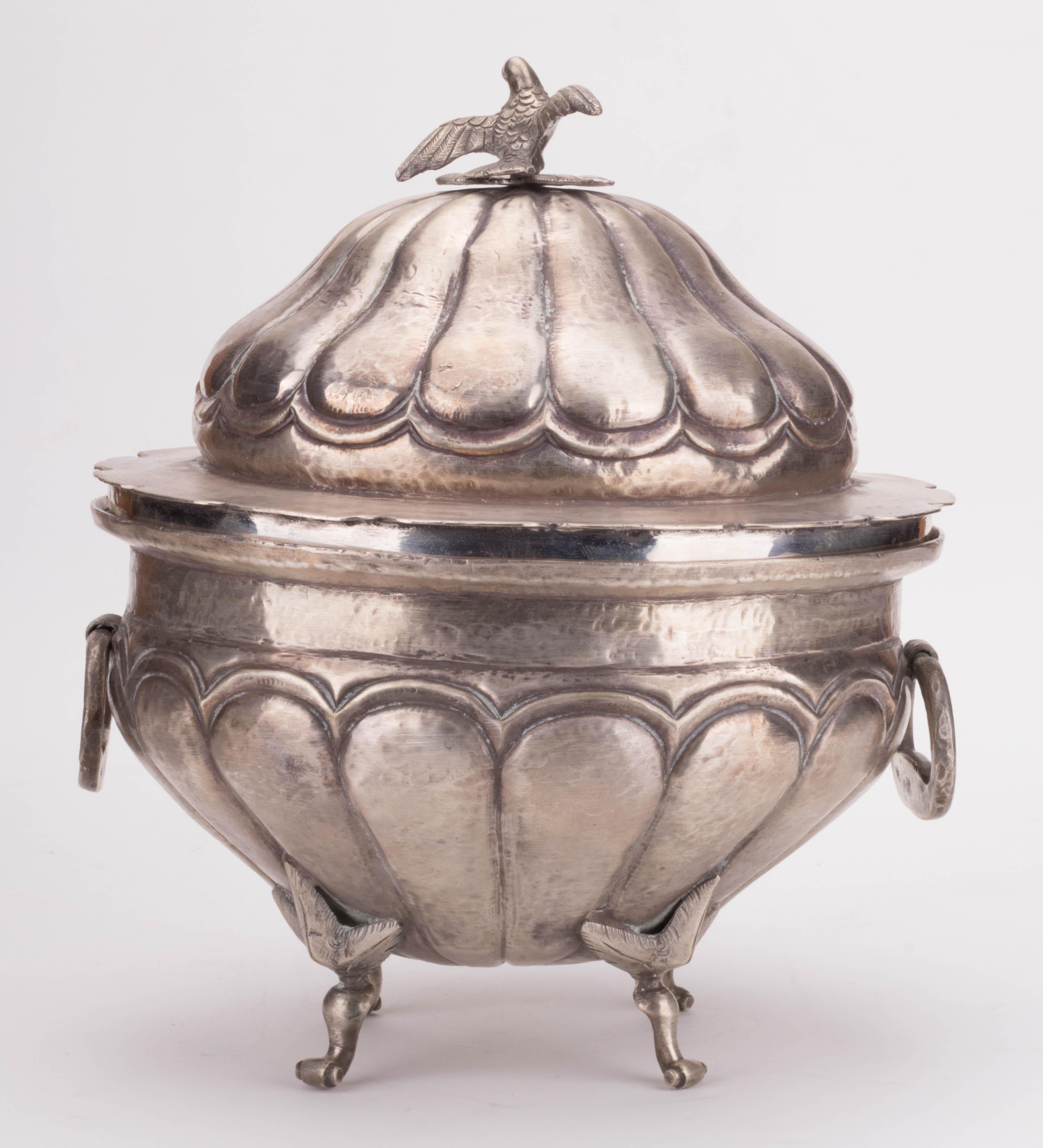 Silver 1780s Colonial Peruvian Tureen with Side Handles and Dove Shaped Knob on Lid