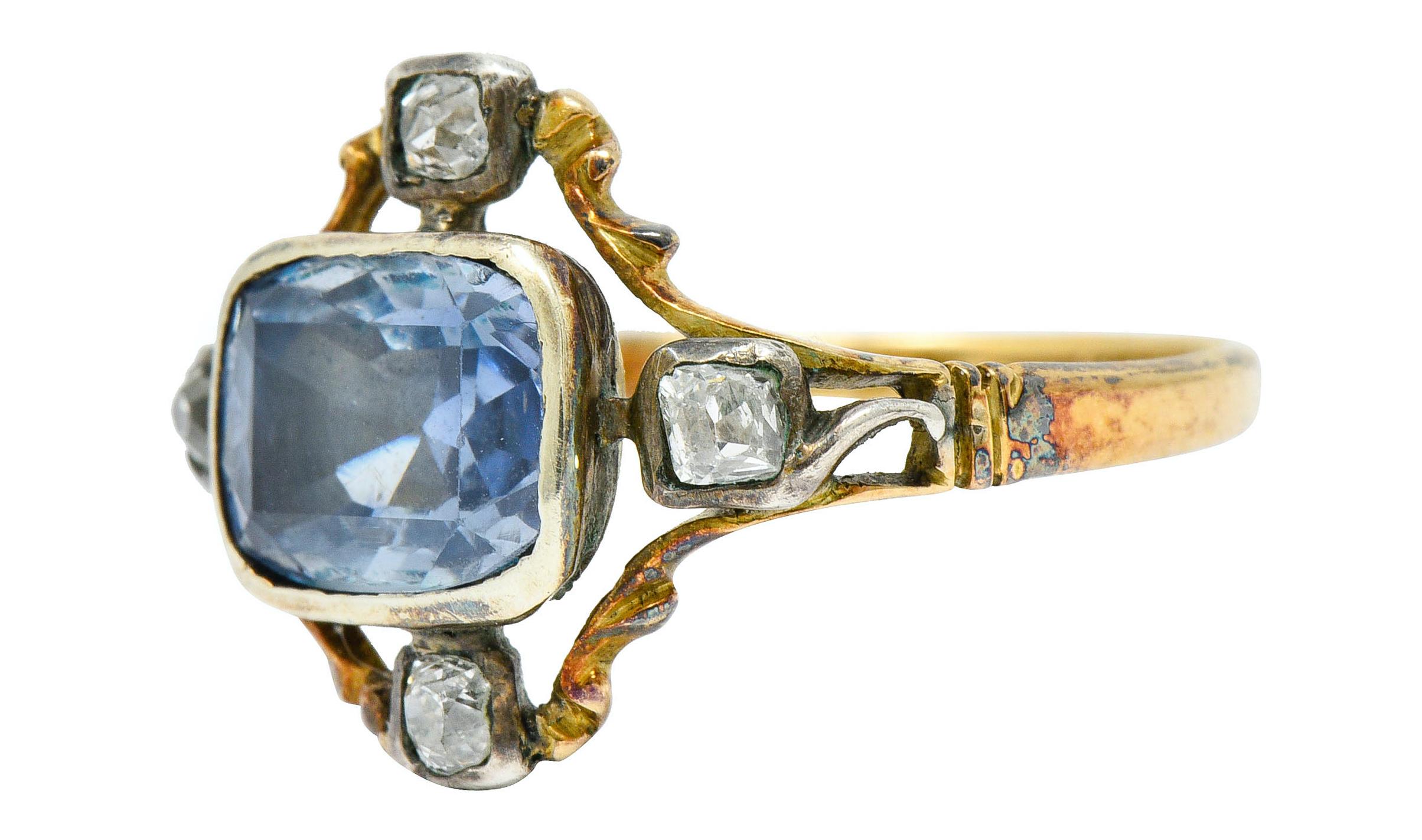 Cushion Cut 1780s Georgian 2.35 Carat Sapphire Diamond Silver-Topped 18 Karat Gold Ring