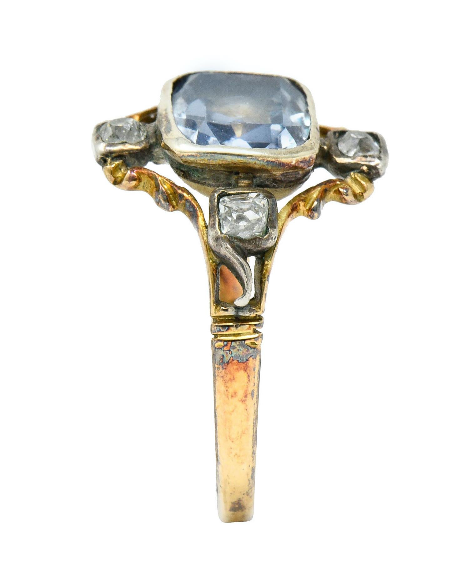 Women's or Men's 1780s Georgian 2.35 Carat Sapphire Diamond Silver-Topped 18 Karat Gold Ring