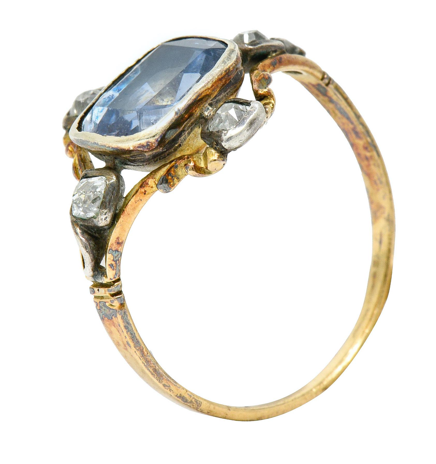 1780s Georgian 2.35 Carat Sapphire Diamond Silver-Topped 18 Karat Gold Ring 1