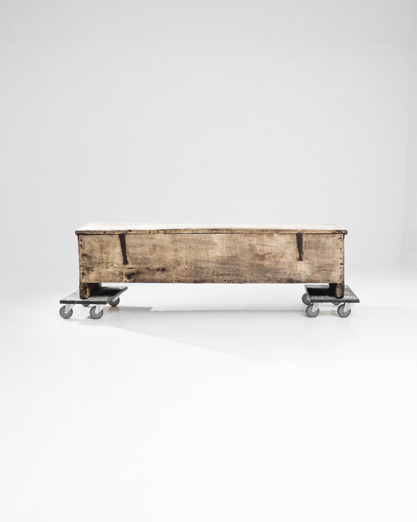 A German bleached oak trunk crafted in the 1780s. This trunk is unabashed in both its ruggedness and refinement, as demonstrated by its finely carved skirt propped up by roughly hewn oak feet. Composed with simple rectangular paneling and minimal