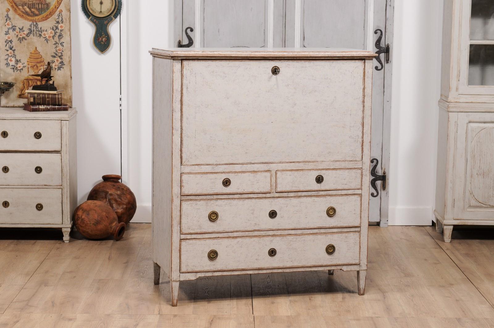 Carved 1780s Gustavian Period Swedish Grey Painted Drop-Front Secretary with Drawers For Sale