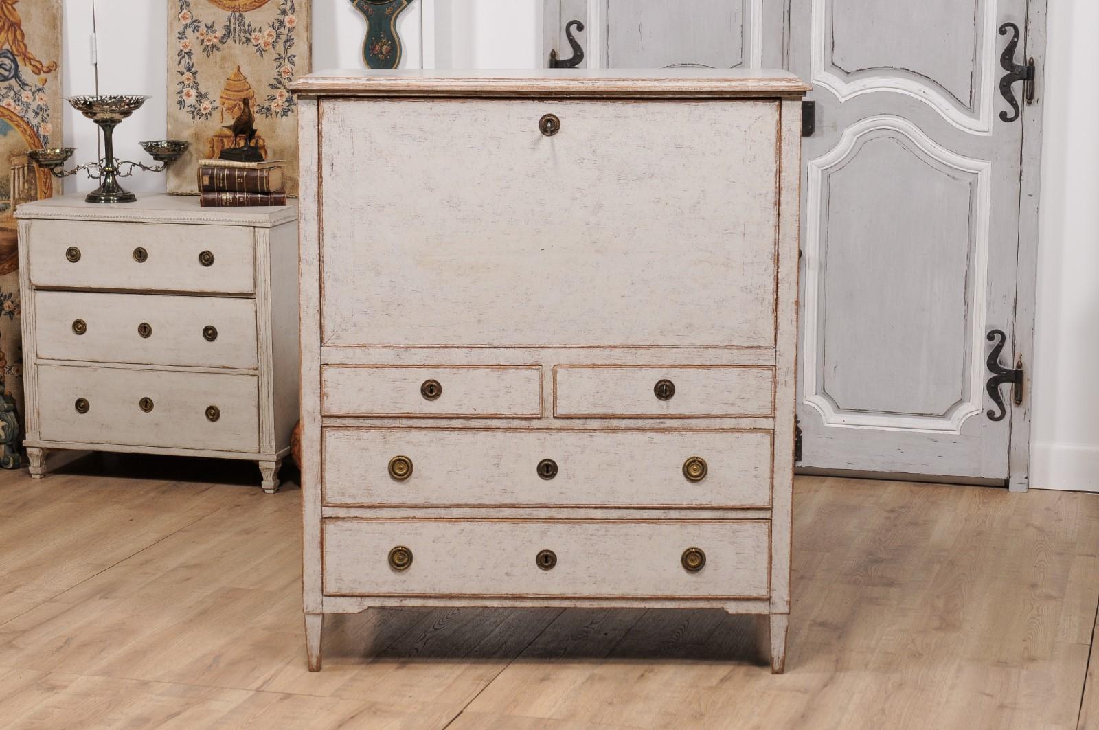 1780s Gustavian Period Swedish Grey Painted Drop-Front Secretary with Drawers In Good Condition For Sale In Atlanta, GA