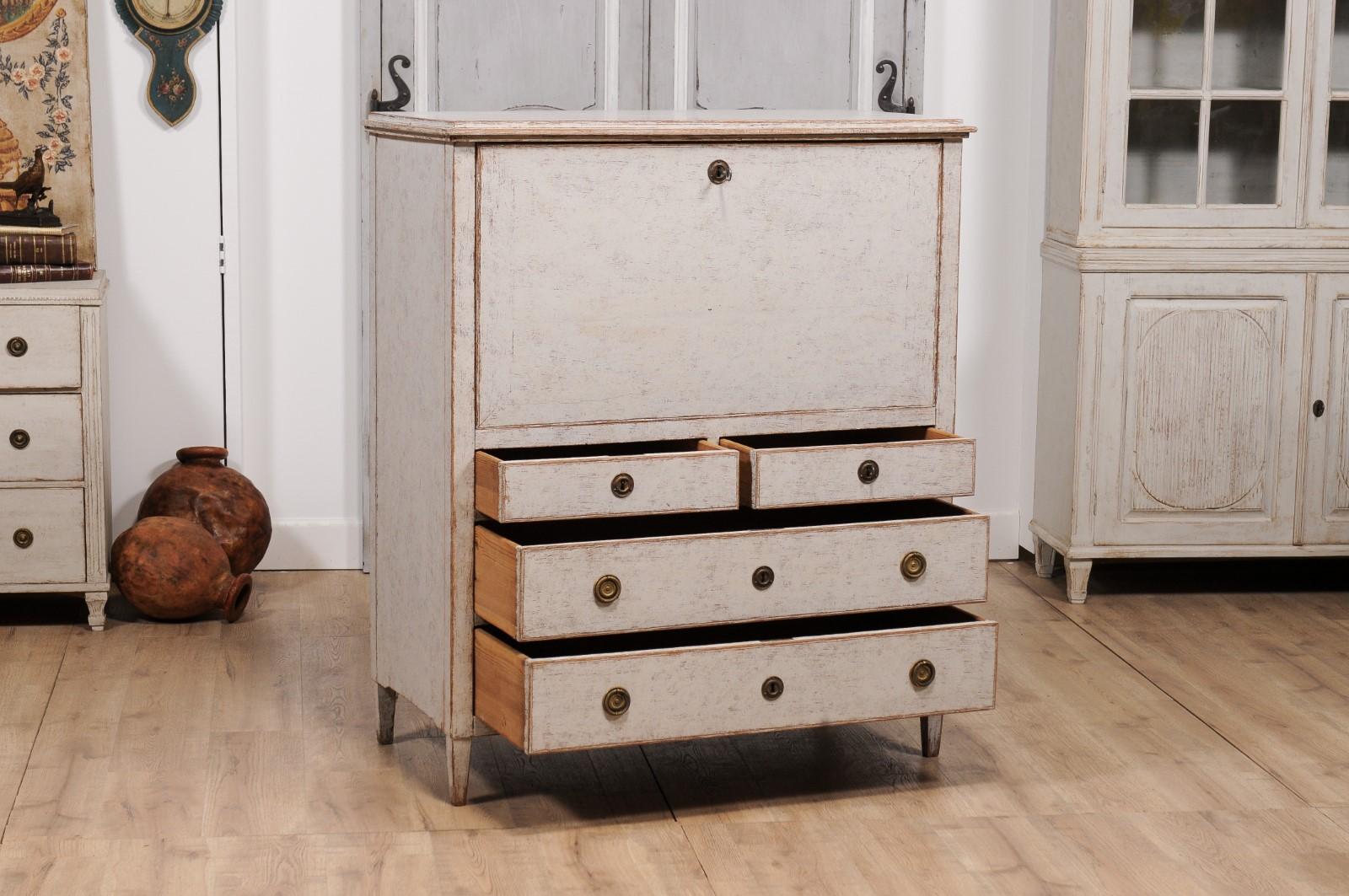 18th Century 1780s Gustavian Period Swedish Grey Painted Drop-Front Secretary with Drawers For Sale